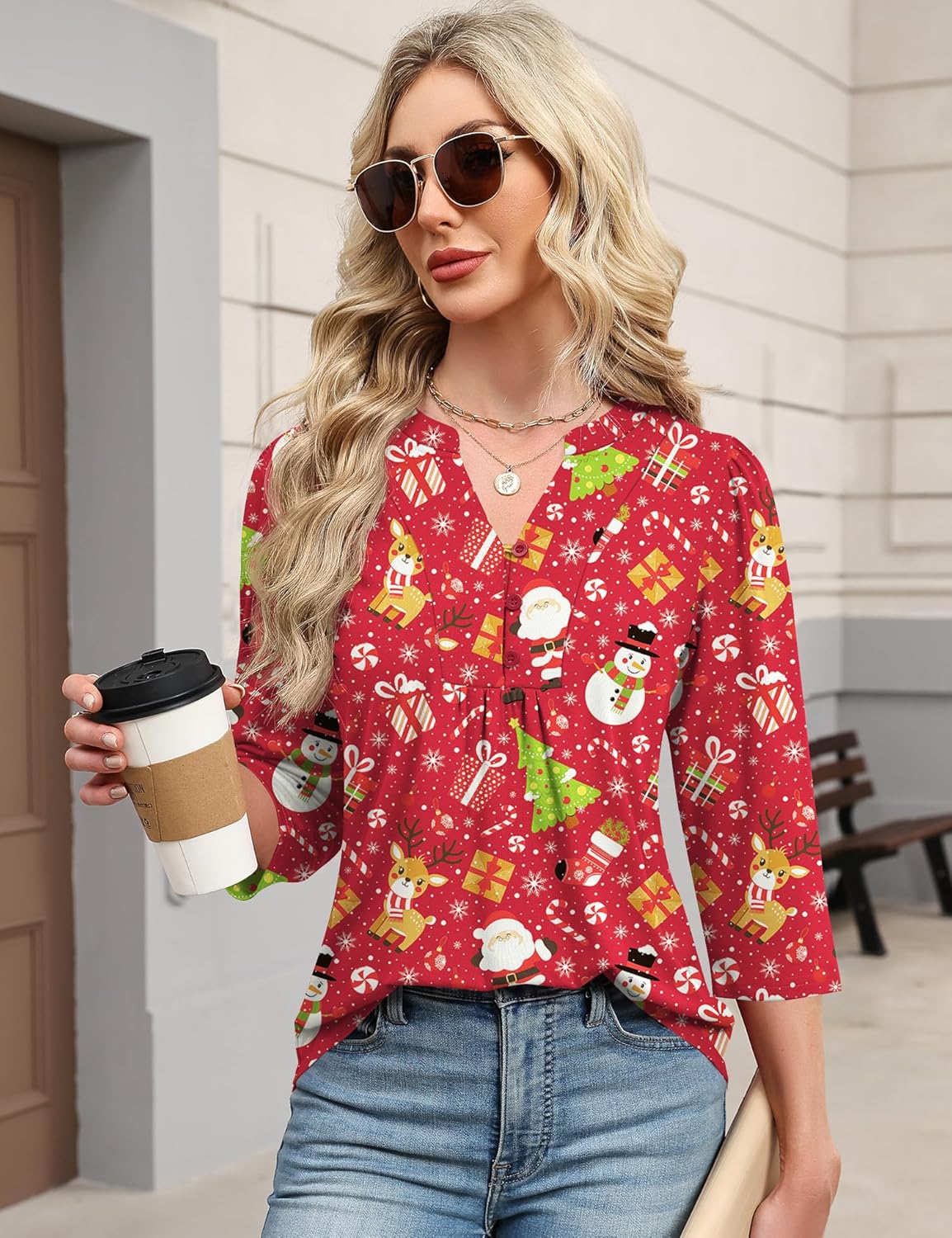 IECCP 3/4 Length Sleeve Womens Tops Dressy Casual Henley V-Neck Summer Tops Pleated T-Shirts Loose Fit Work Blouses - Image 4