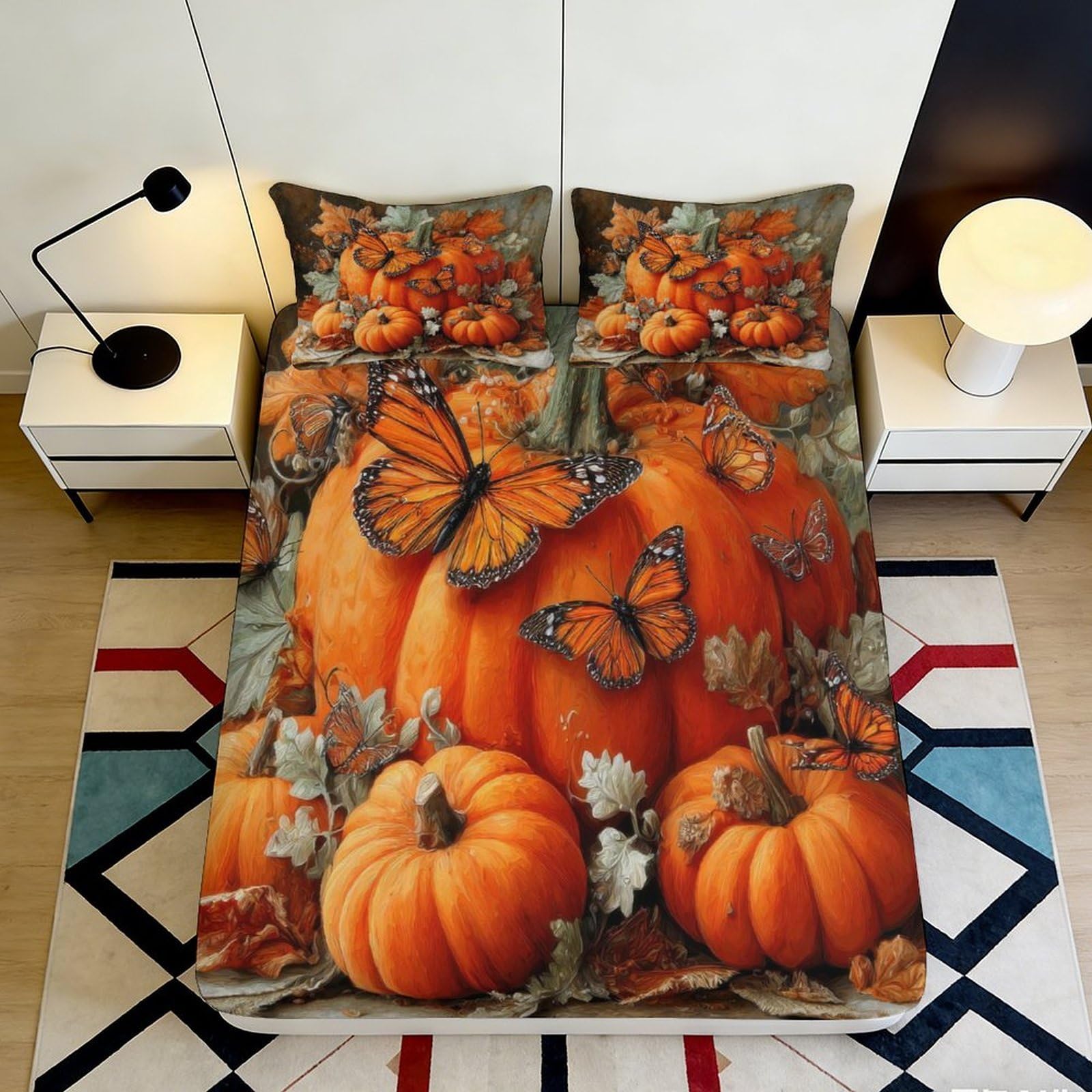 3D Printed Pumpkin Butterfly Fitted Sheet Microfiber Autumn Leaves Bed Cover for Bedroom Dorm Mattress Decor 90x200x25cm
