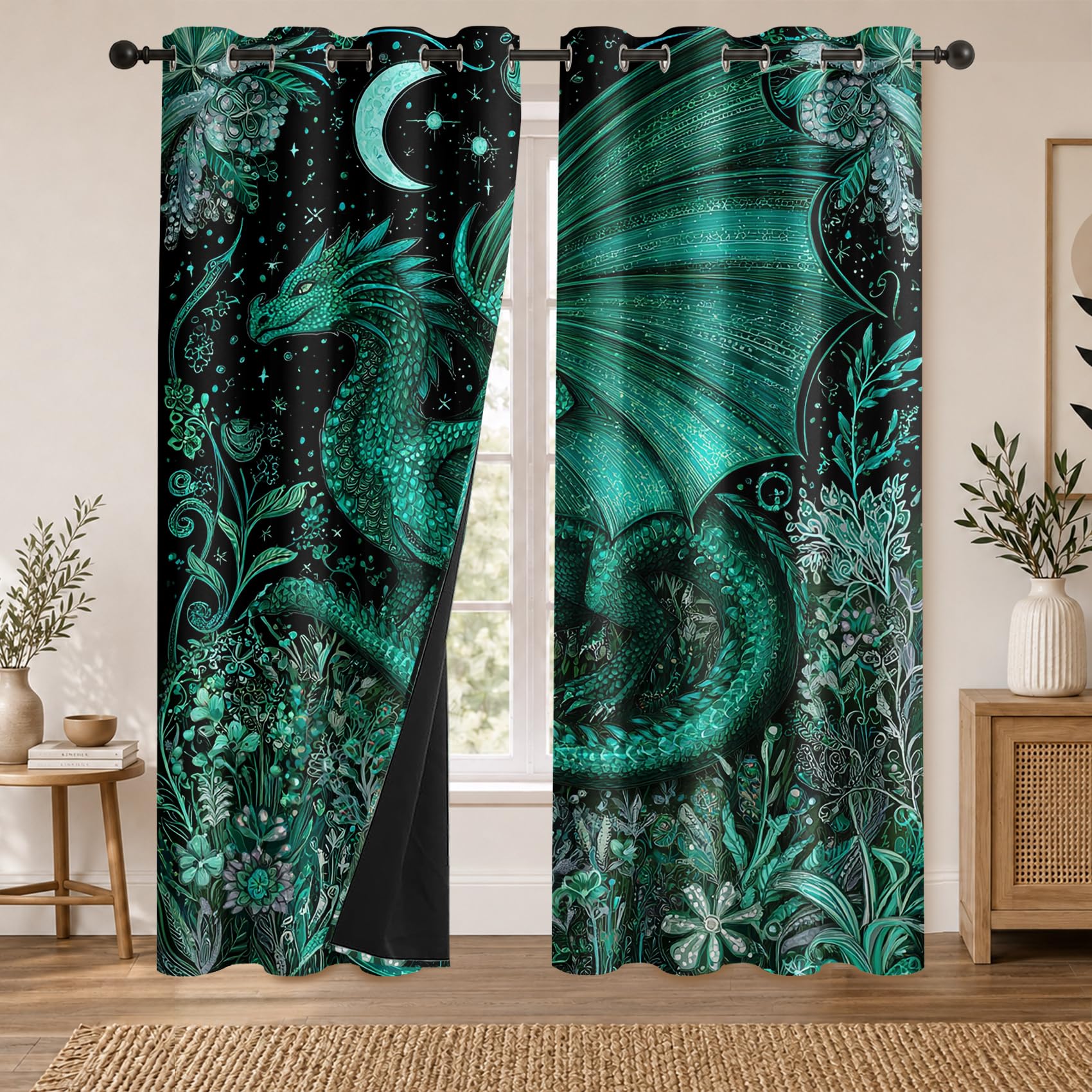 Rideau Occultant Dragon Vert Rideaux Thermiques Motif Botanique pour Salon Chambre, Lot de 2 Rideaux et Draperies Intérieurs à Oeillets, 140x160 cm (LxH)