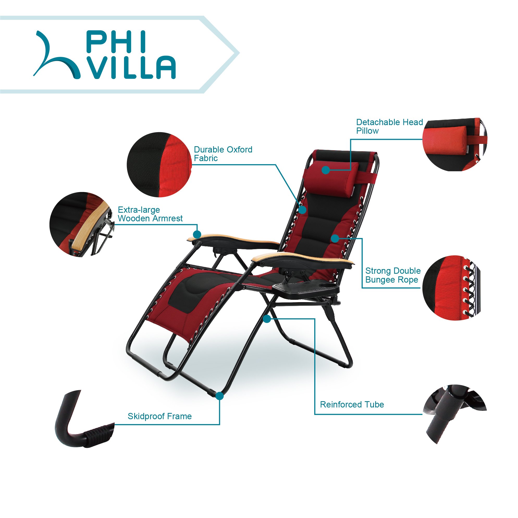 PHI VILLA Oversize XL Padded Zero Gravity Lounge Chair Wide Armrest