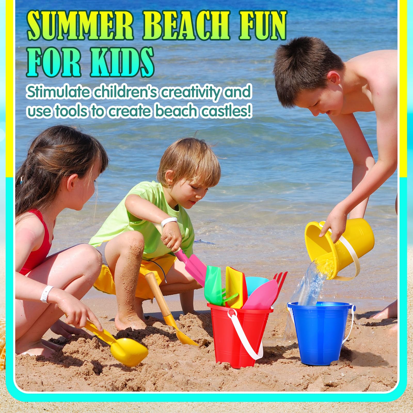Halloscume 9 Pcs Garden Tools for Kids Beach Pails Metal Beach Sand Toy Set with Wooden Handle Sandbox Toy Include Bucket Spoon Fork Trowel Rake Shovel for Boys Girls - Image 4