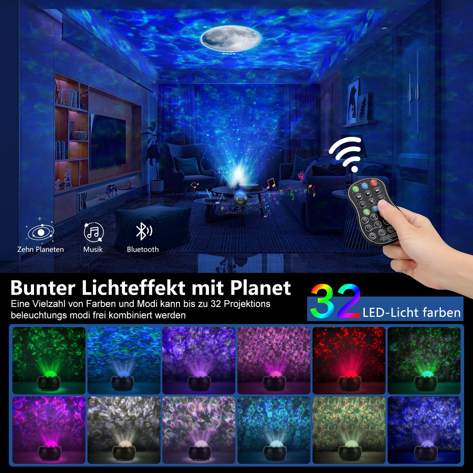 Luce Notturna Proiettore Galassia Con Stelle E Luna - Bluetooth, Telecomando, Effetto Oceano - Nero