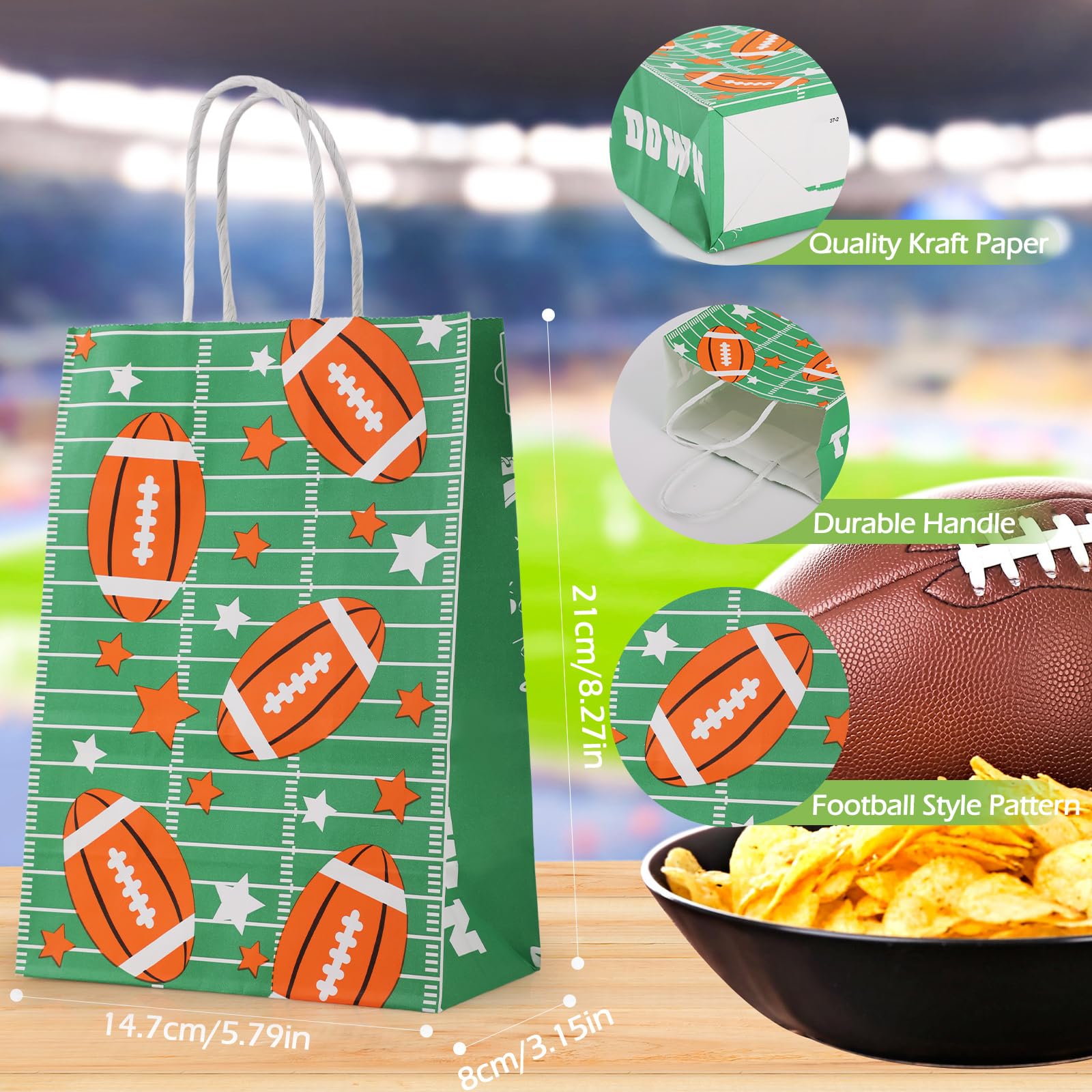 Hianjoo 16 Pcs Football Goodie Bags, Football Party Favor Bag Gift Snack Treat Bag with Handle, Football Themed Paper Candy Bags for Teen and Adult Birthday Party Decorations Supplies