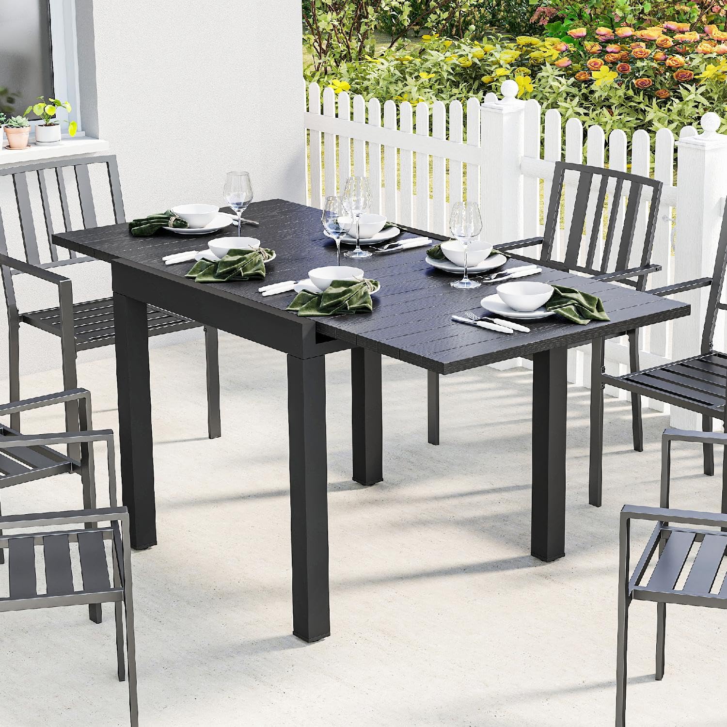 Tavolo da Esterno Giardino, Allungabile, Quadrato, in Alluminio, 80-160x80x75 cm, Nero
