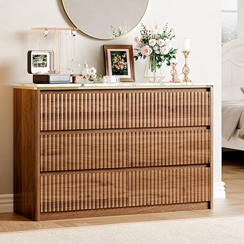 Fluted Dresser for Bedroom with 6 Drawers, 47.2" Modern Chest of Drawers with Faux Marble Top, Curved Profile Design,Dresser TV Stand, Wood Drawer Organizer for Living Room, Hallway, Walnut