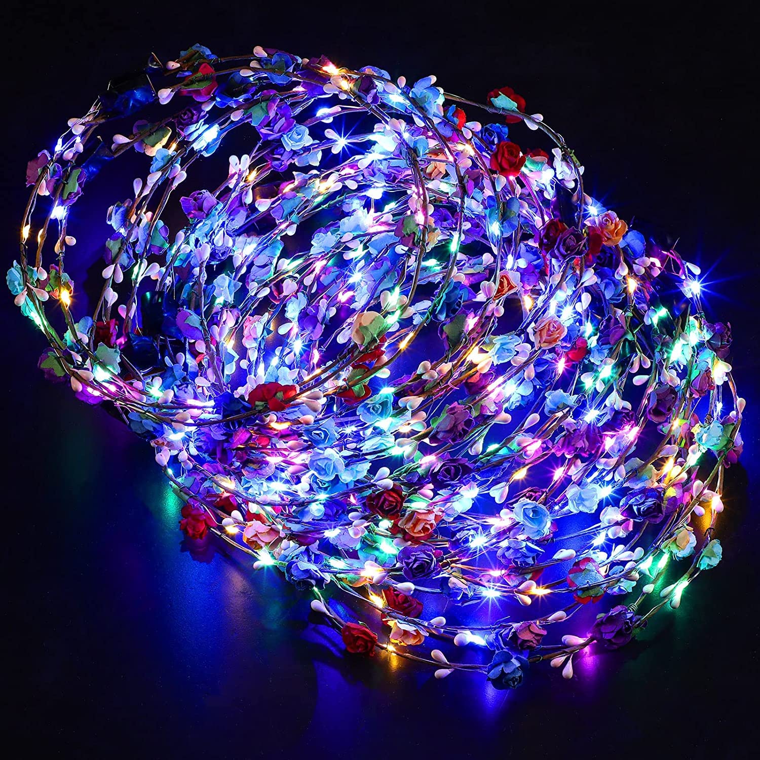 MAKINGTEC Flower Crown Light up Headband Luminous LED Flower Wreath Floral Glowing Fairy Crown Glow in the Dark Headband for Women Girls Valentine's Day Wedding Party Hair Accessories 10 Pieces