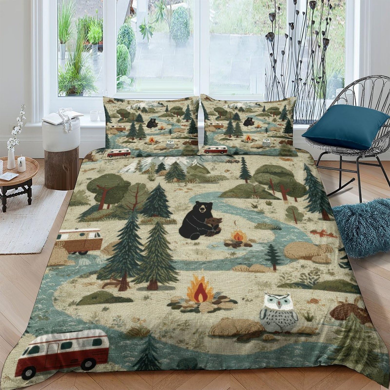 Ctjqhvkz Style-10 3D Printed Forest Camping Bear Fitted Sheet Microfiber Soft Breathable Campfire Mattress Cover Bedroom Decor Single（135X200cm）