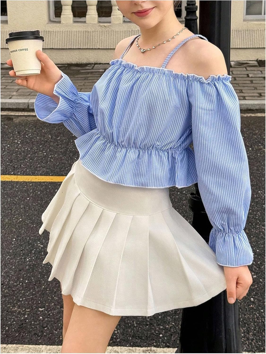 OYOANGLE Girl's Cold Shoulder Striped Shirts Bishop Long Sleeve Blouse Ruffle Peplum Crop Tops - Image 4