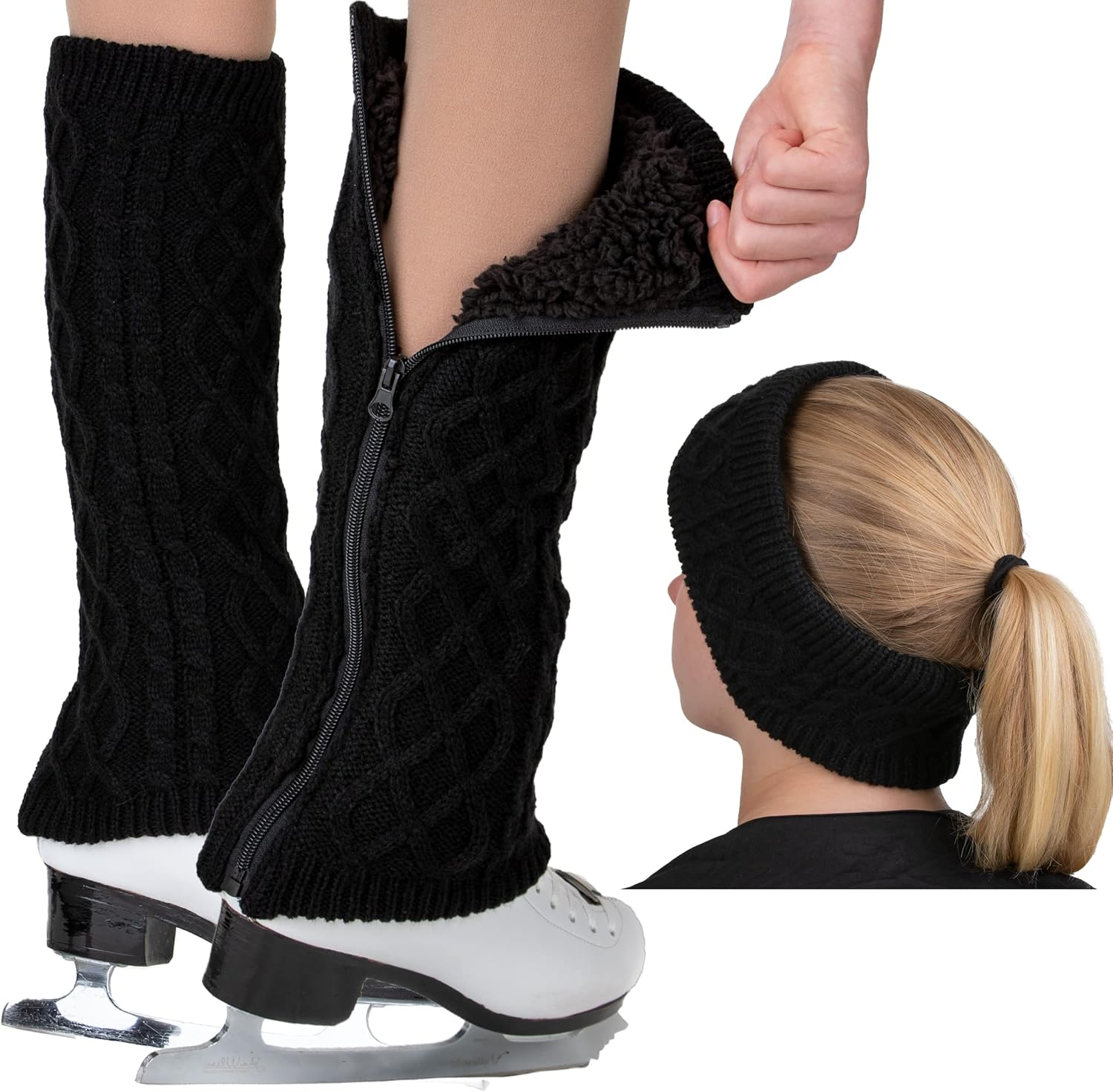 CRS Cross Leg Warmers and Headband Set for Figure Skating. Zipper Easy