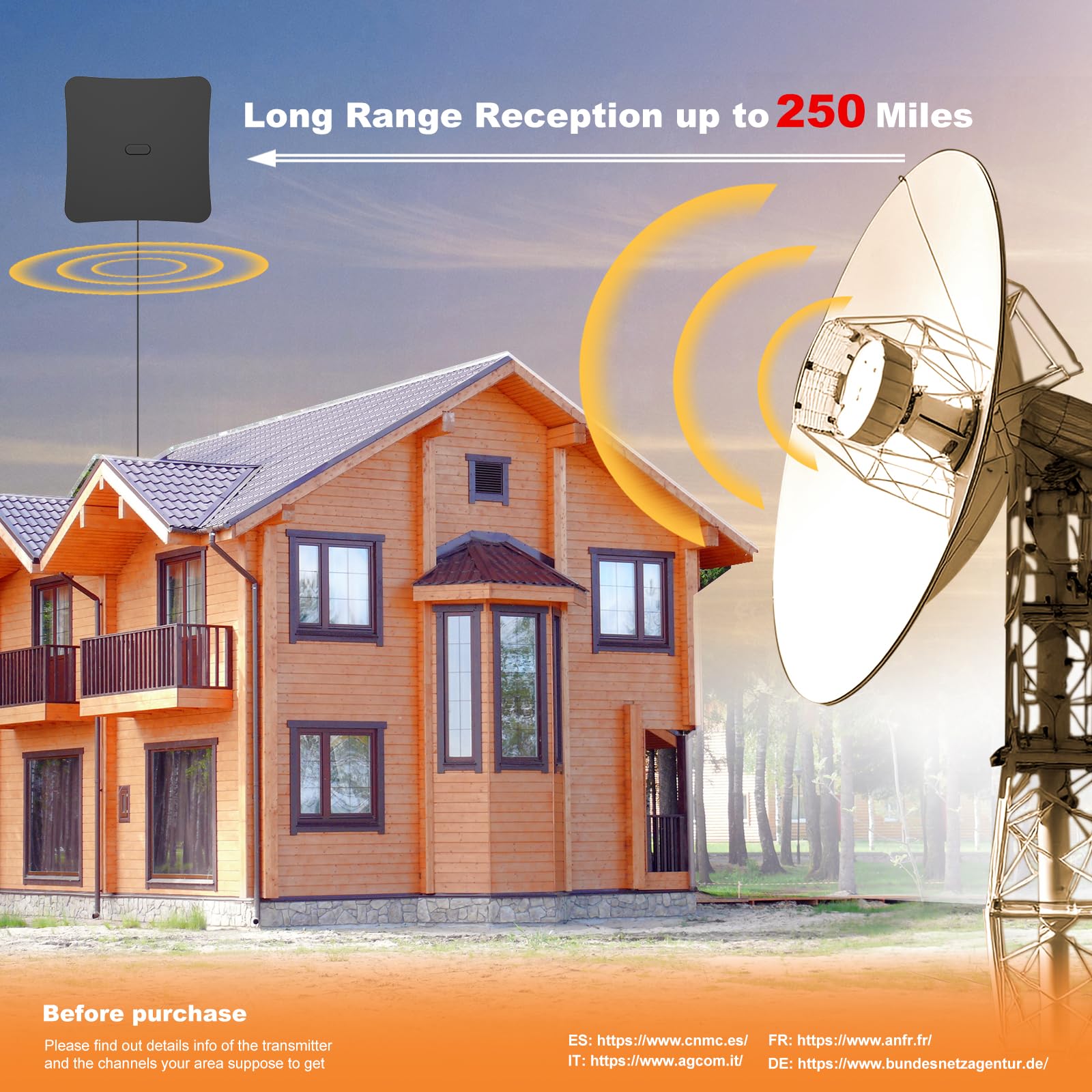 Antenna TV Digitale Interna 2024 - Amplificata 250 Miglia Per 4K/HD, Con Cavo 5M | Riceve Canali Gratis - Foto 3