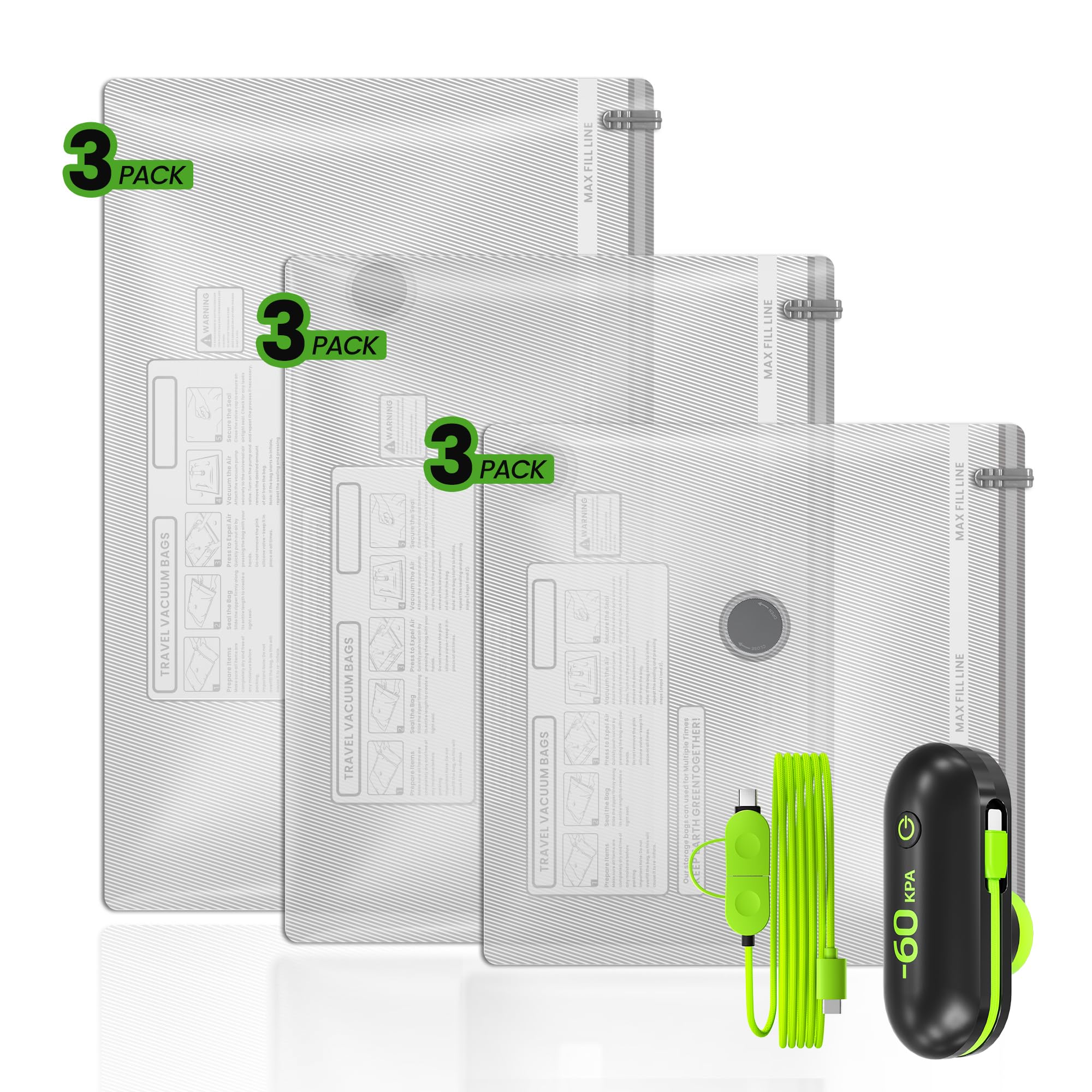 Vakuumbeutel Set 9-tlg mit Elektrischer USB-Pumpe | 3 Größen (40x40cm, 40x50cm, 40x60cm) Platzsparend für Kleidung, Reise, Bettwäsche & Umzug | Luftdichte Aufbewahrungstaschen