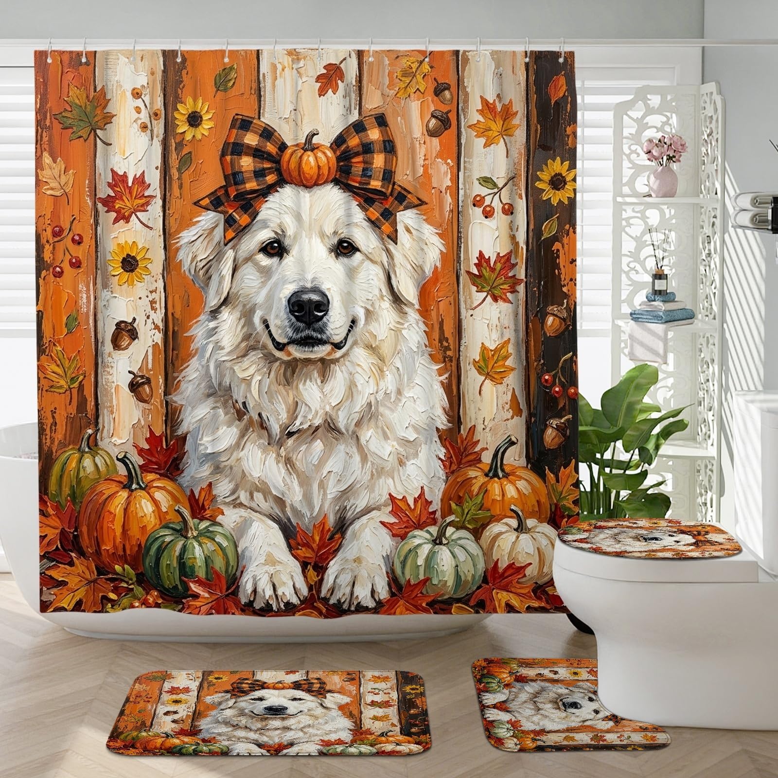 Décoration salle de bain bois de ferme avec tapis en forme de U automnal