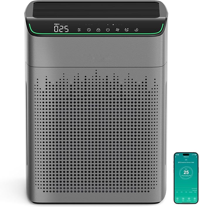 Air Purifiers for Bedroom Large Room Home, Up to 1690² with PM 2.5 Air Quality Monitor, Wi-Fi and Alexa Compatible, HEPA Filter Double-sided Air Inlet for Smoke Odor Dust, 23dB Quiet Grey