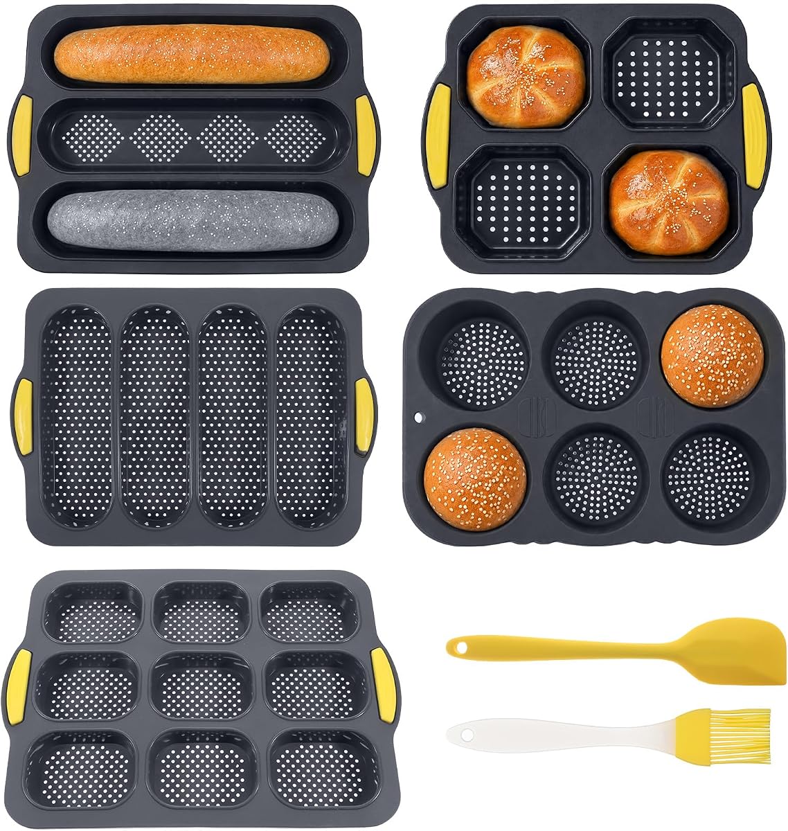 SHENLIU Set of 7 Silicone Hamburger Bun Mold 3/4/6/9 Cup with Spatula Brush | Nonstick Hotdog Bun Pan Mini Baguette Pans Perforated Bread Baking Pan for Hamburger Buns, Dishwasher Microwave Safe
