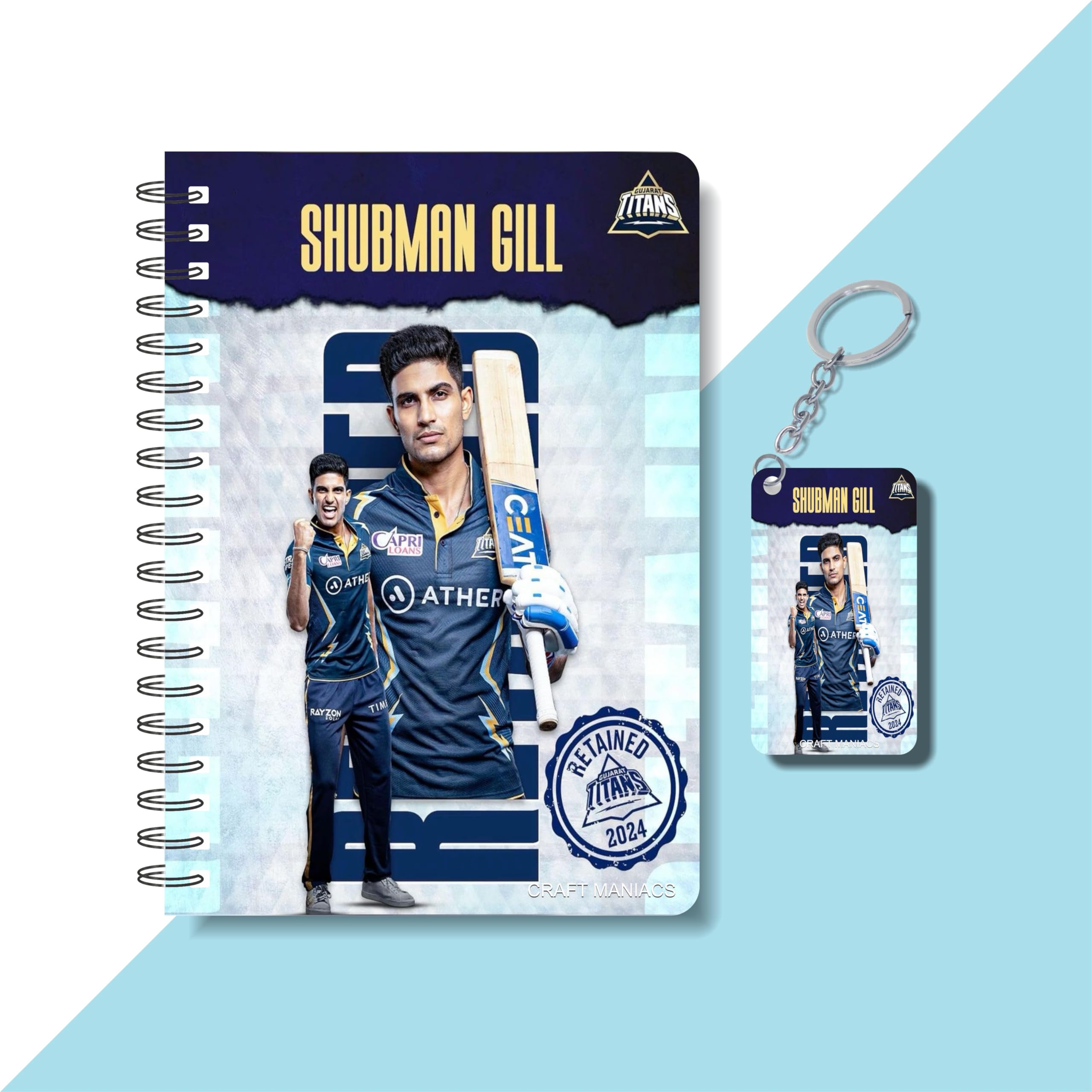CRAFT MANIACS SHUBMAN GILL PRINTED A5 160 RULED PAGES NOTEBOOK & FREE MATCHING KEYCHAIN | BEST GIFT FOR CRICKET LOVERS