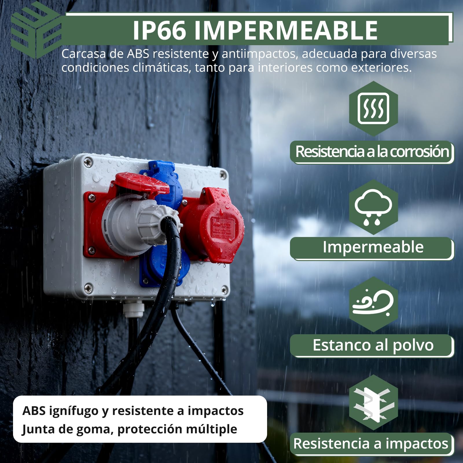 EYPINS Distribuidor de Corriente para Construcción, Distribuidor de Pared 2x 230V Enchufes Schuko+2x Enchufe CEE 16A,IP66/IP54 Impermeable,Carcasa de PC Ignífugo para Talleres Fábricas Autocaravanas