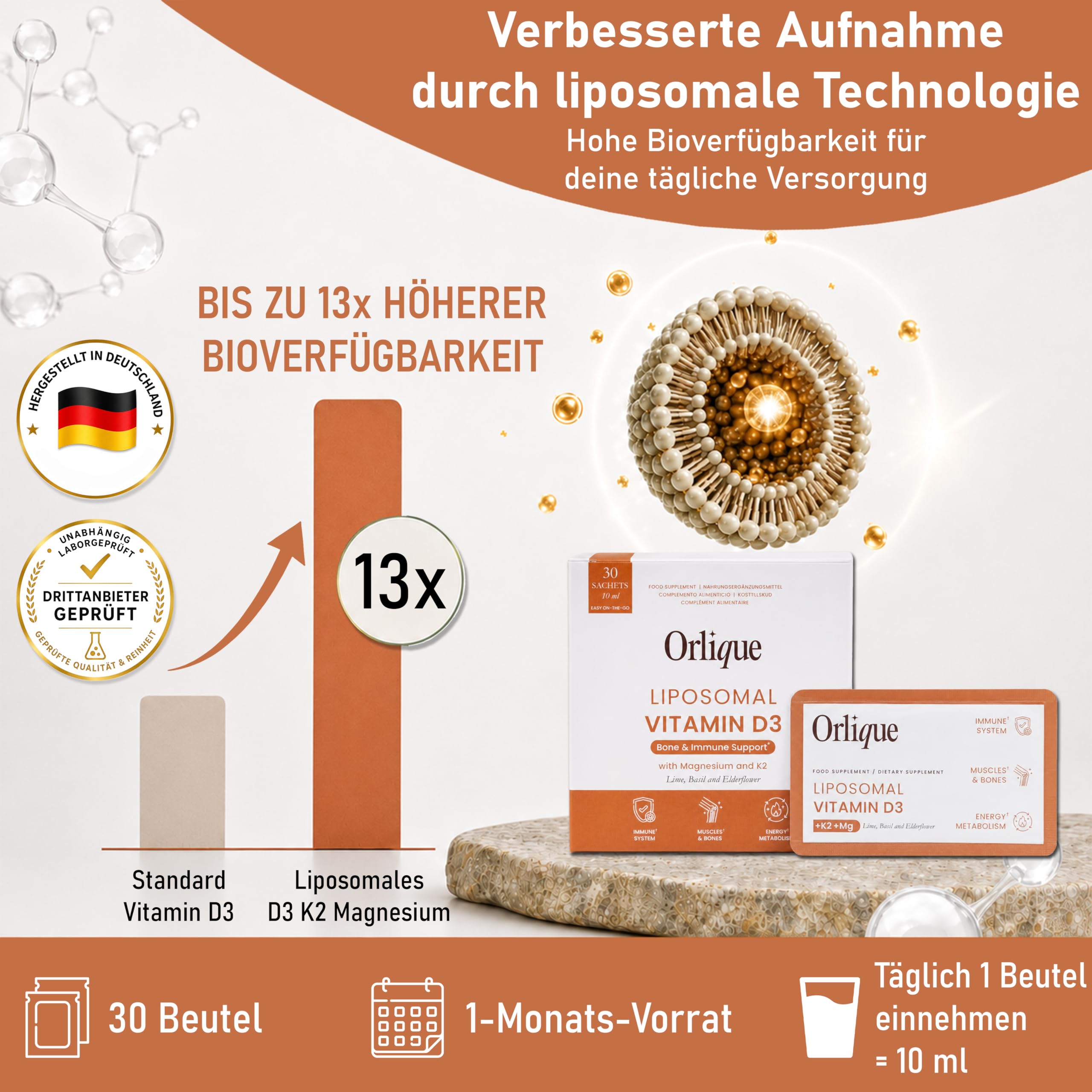 Liposomales Vitamin D3 K2 Magnesium Flüssige - 30 Sachets - Hochdosiert 100 mcg Vitamin D3 pro Tag - 1 Monatsvorrat - Hohe Bioverfügbarkeit für Immunsystem, Knochen & Muskeln - Vegan & Lab Getestet