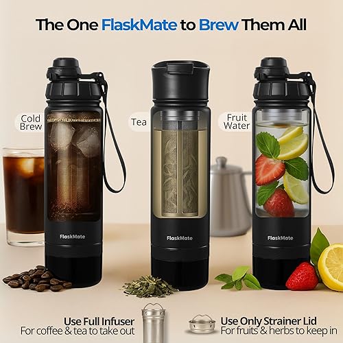 Miniatura 5 de Botella de viaje para café y cerveza fría, frasco aislado de 18 onzas con infusión estilo prensa francesa, almacenamiento oculto y tapas dobles,