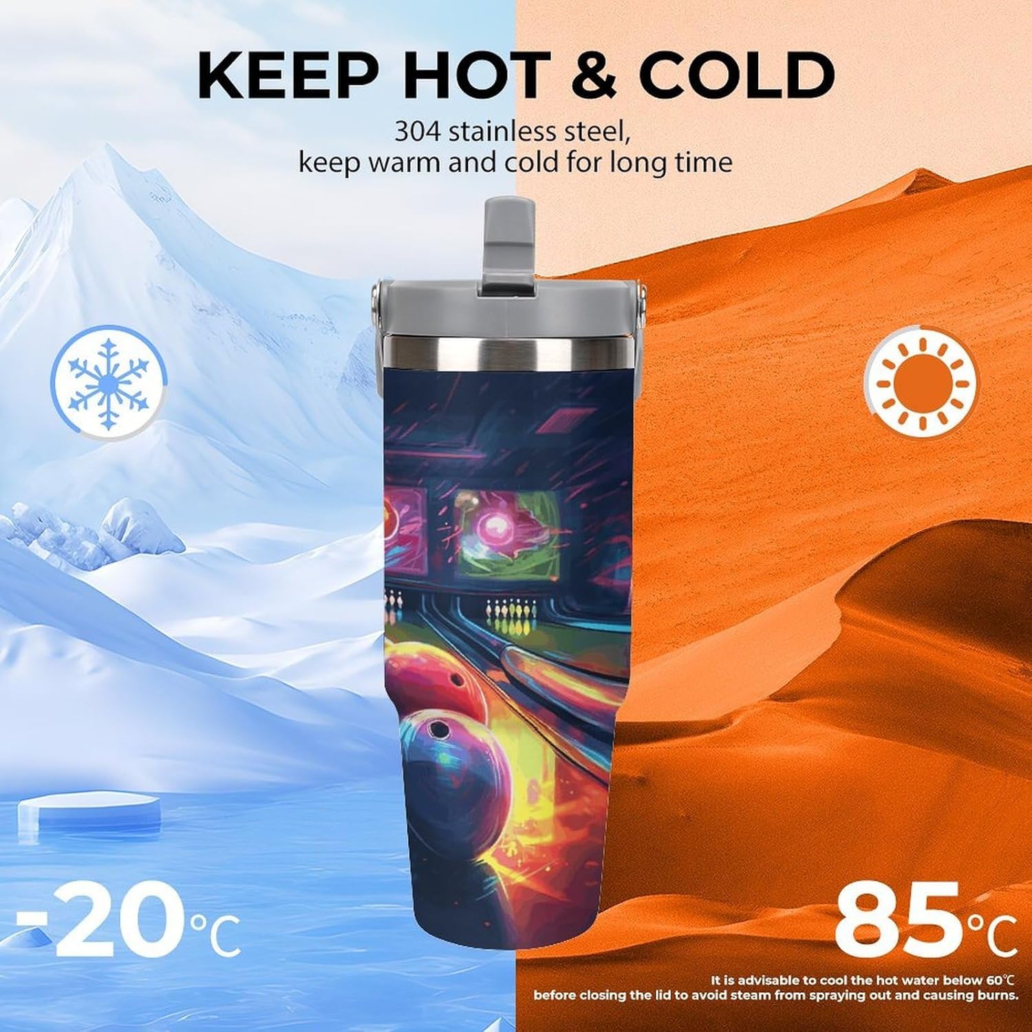 Bowling Balls Water Bottle 30 Oz Fits Car Cup Holder,Insulated Coffee Mug Large Capacity Car Cups,Stainless Steel Double Wall Sport Bottle for Travel Sports Gym