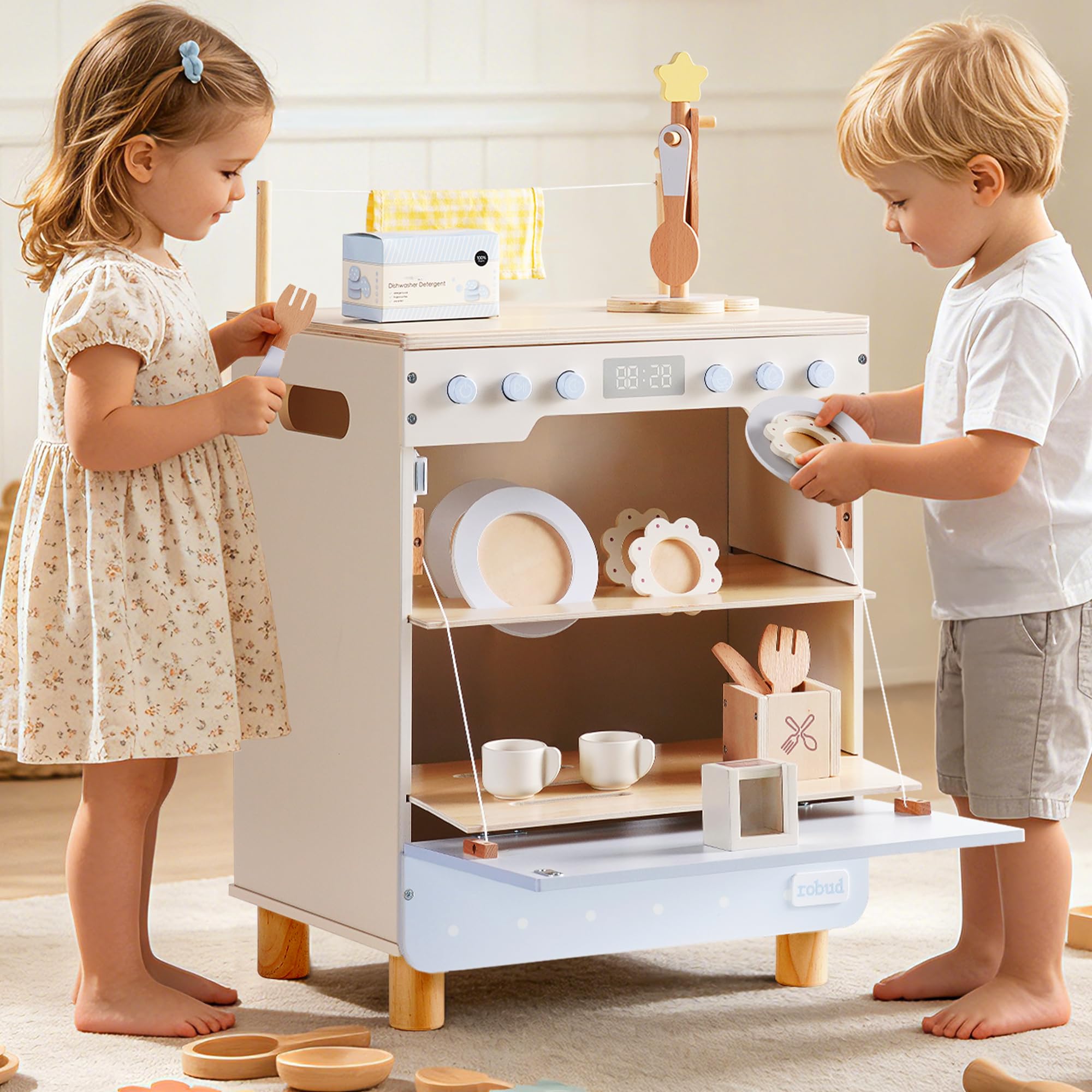 ROBUD Ensemble de jeu en bois pour lave-vaisselle, jeu de rôle avec couverts, assiettes, tasses à café pour enfants, tout-petits, cadeau de cuisine pour garçons et filles à partir de 3 ans