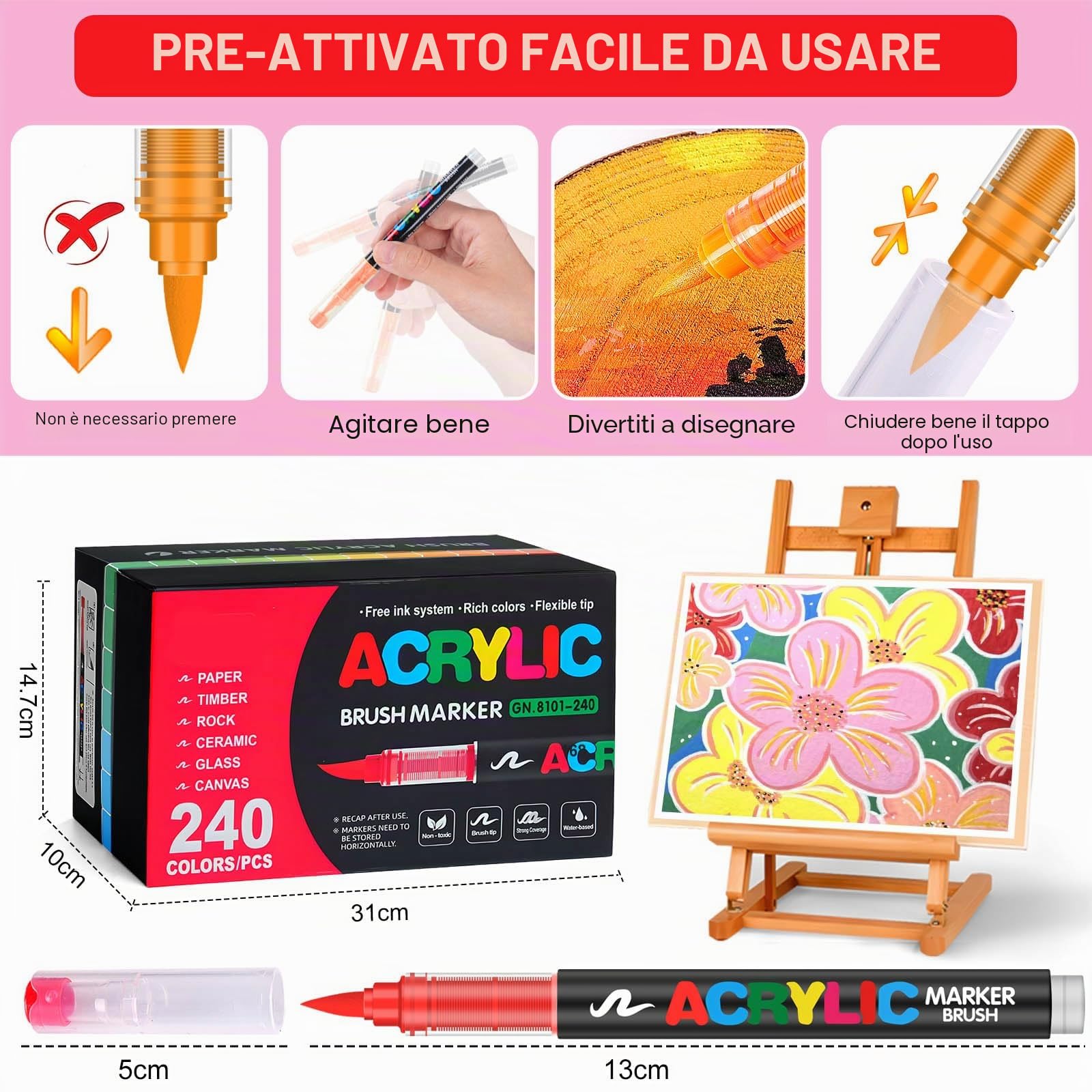 Pennarelli Acrilici 240 Colori Acrylic Marker Brush Pen per Dipingere Sassi, Tessuti, Metallo, Vetro, Legno, Tela, Ceramica, Plastica, Atossici e Inodori