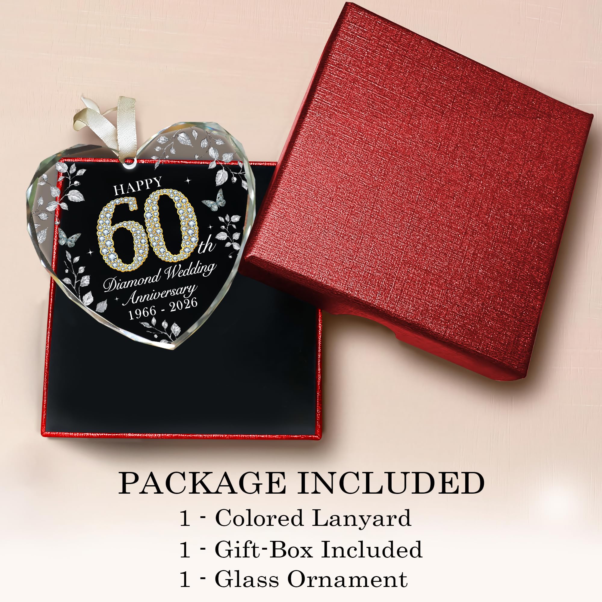 60th Anniversary Ornament 1966-2026, Diamond Wedding Anniversary Decoration, 60th Wedding Anniversary Marriage Gift for Couple or Parents, 60 Year Anniversary Keepsake