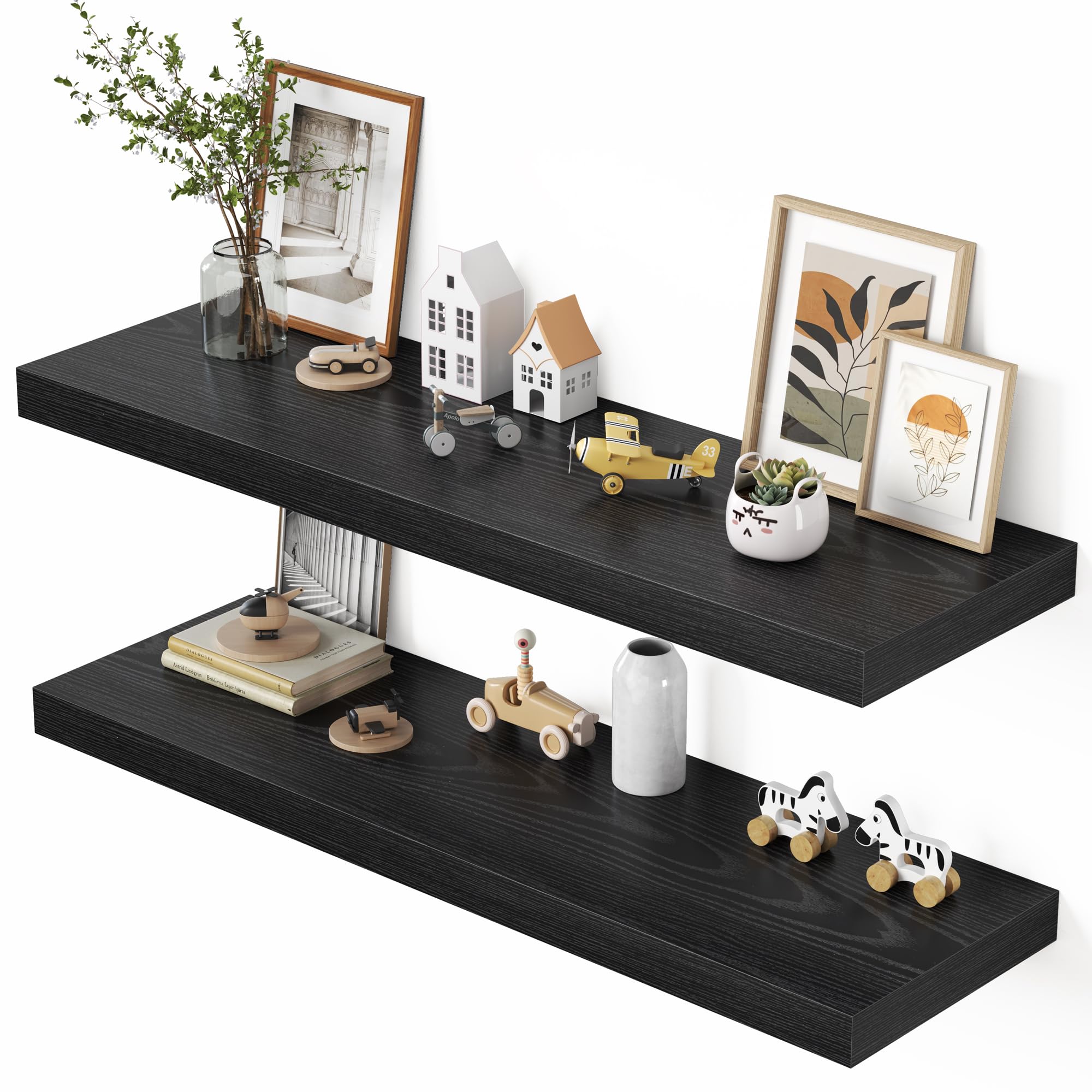 Dreamland 48" Floating Shelves for Wall, 12" Deep Thicker Black Floating Shelves, Wall-Mounted Shelves for Bedroom, Living Room, Kitchen, Bathroom - Set of 2
