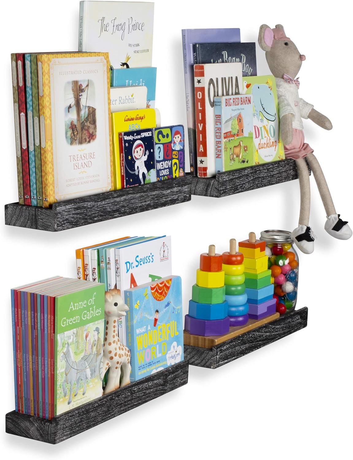 Rustic State Smith Wall Mount Wood Picture Ledge Photo Frame Display Storage - Kids Baby Nursery Room Bookshelf - Farmhouse Décor Floating Shelves - 16.60 Inch - Set of 4 - Reclaimed Black