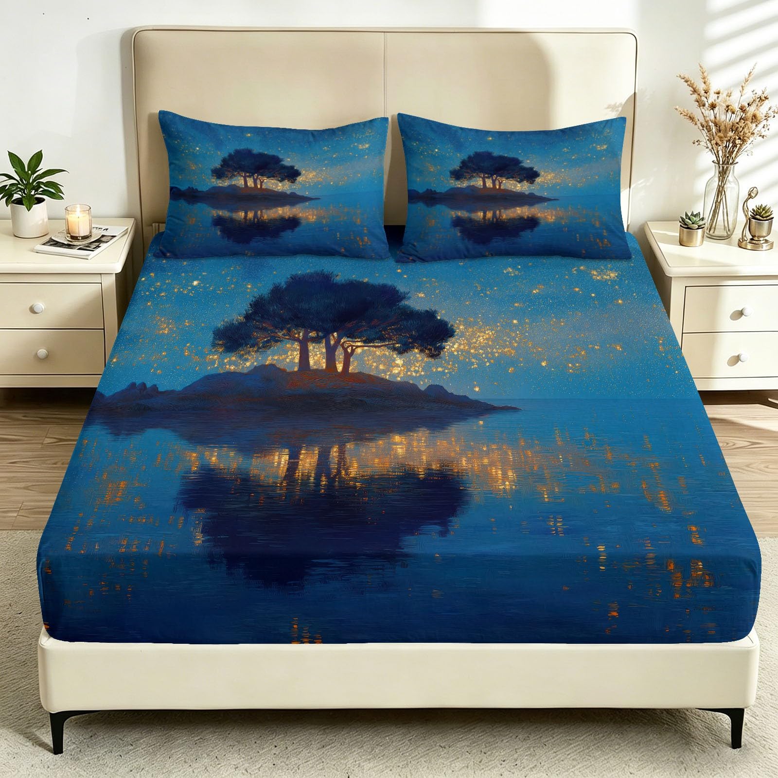 Sábana bajera ajustable de 150 x 200 cm, de fácil cuidado, 30 cm de profundidad, con faroles flotantes de isla y lago, tela suave, transpirable, cómoda, para colchón tamaño King, color azul