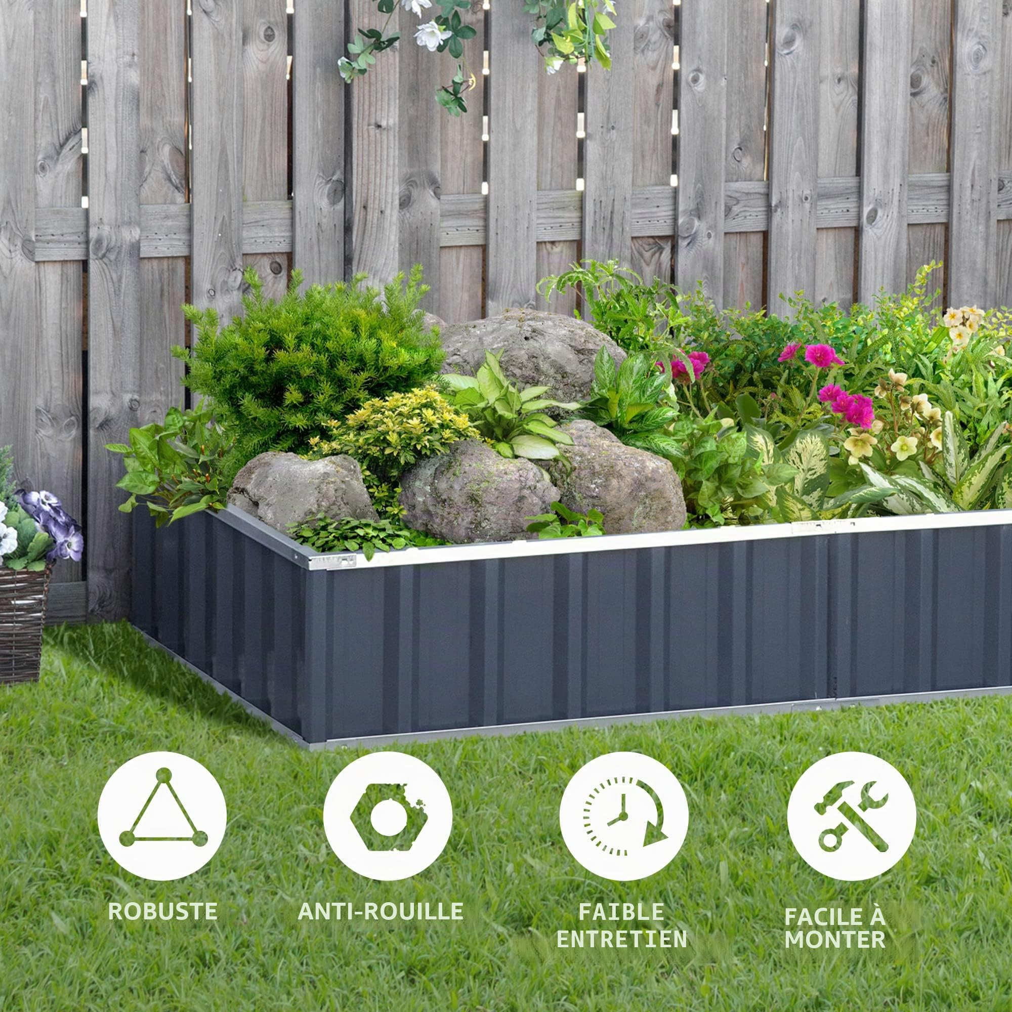 Outsunny Carré Potager de Jardin Modulable 174 x 90 x 30 cm Anthracite | Montage sans Outils, Gants Fournis, Tôle d'Acier Ondulée