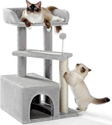 Made4Pets Cat Tree, Carpet Cat Tower Grey for Indoors Cats, Cute Wood Kitty Condo with Scratching Post and Pad, 27" Multi-...