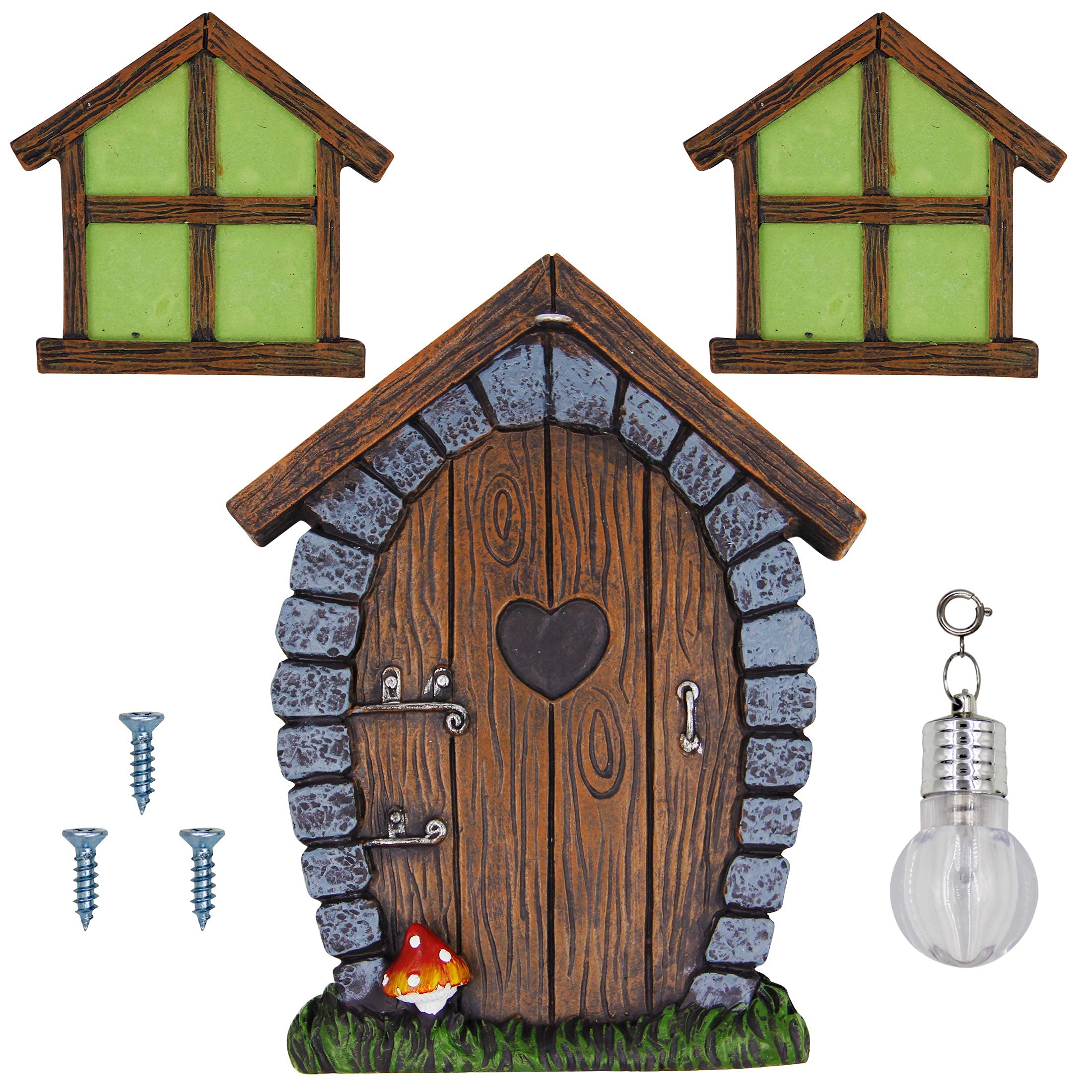 KASTWAVE Fairy Gnome Home Miniature Window and Door with Litter lamp for Trees Decoration, Glow in Dark Fairies Sleeping Door and Windows, Yard Art Garden Sculpture, Lawn Ornament Décor