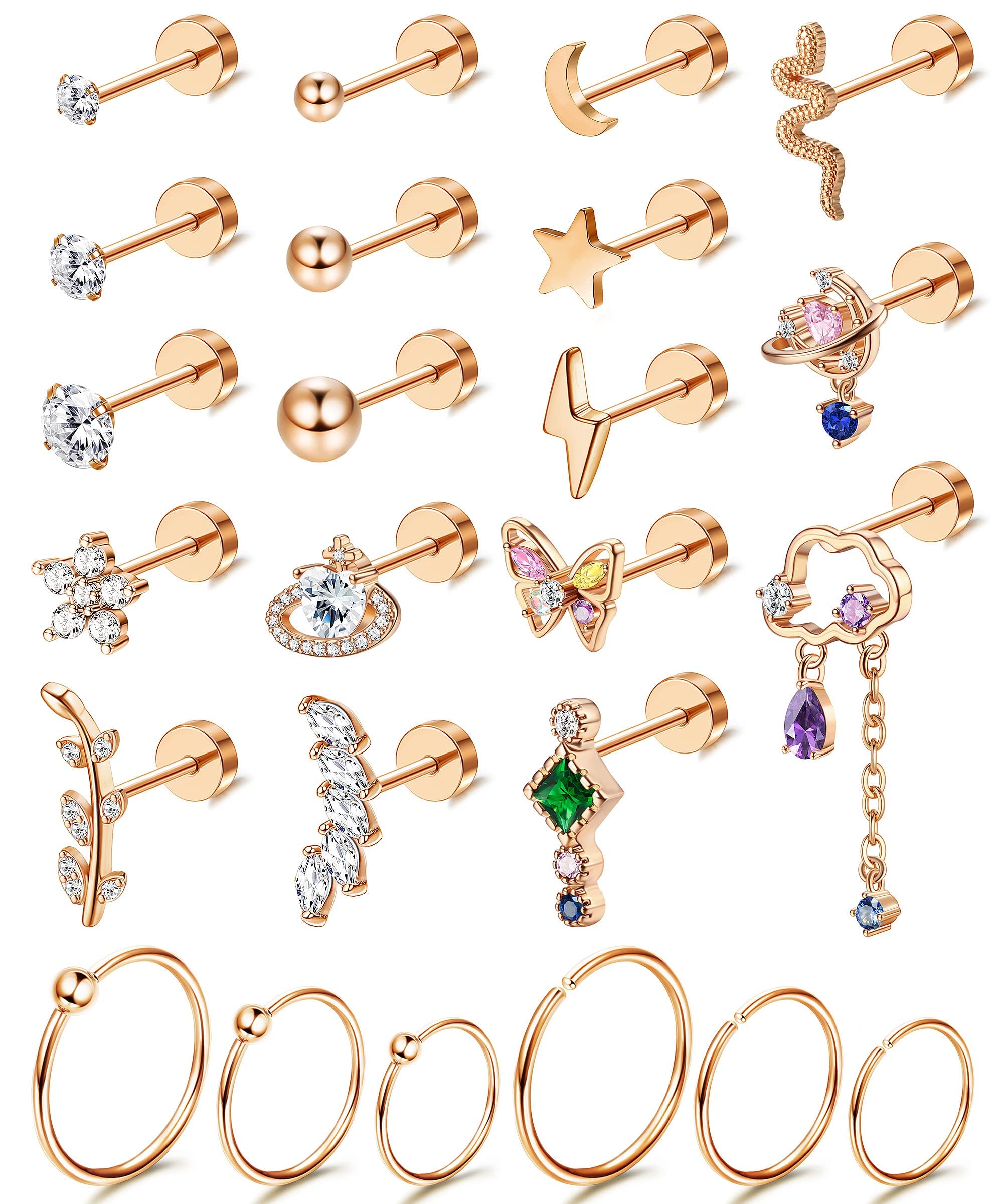 Kakonia 24Piezas 20G Ear Stud Set Cartílago Piercing De Oreja Para Mujer Plata Oro Rosa Oroaretes De Aro De Acero Inoxidable Juego De Aretes De Piercing De Concha Tragus De Circonita Cúbica Pequeña