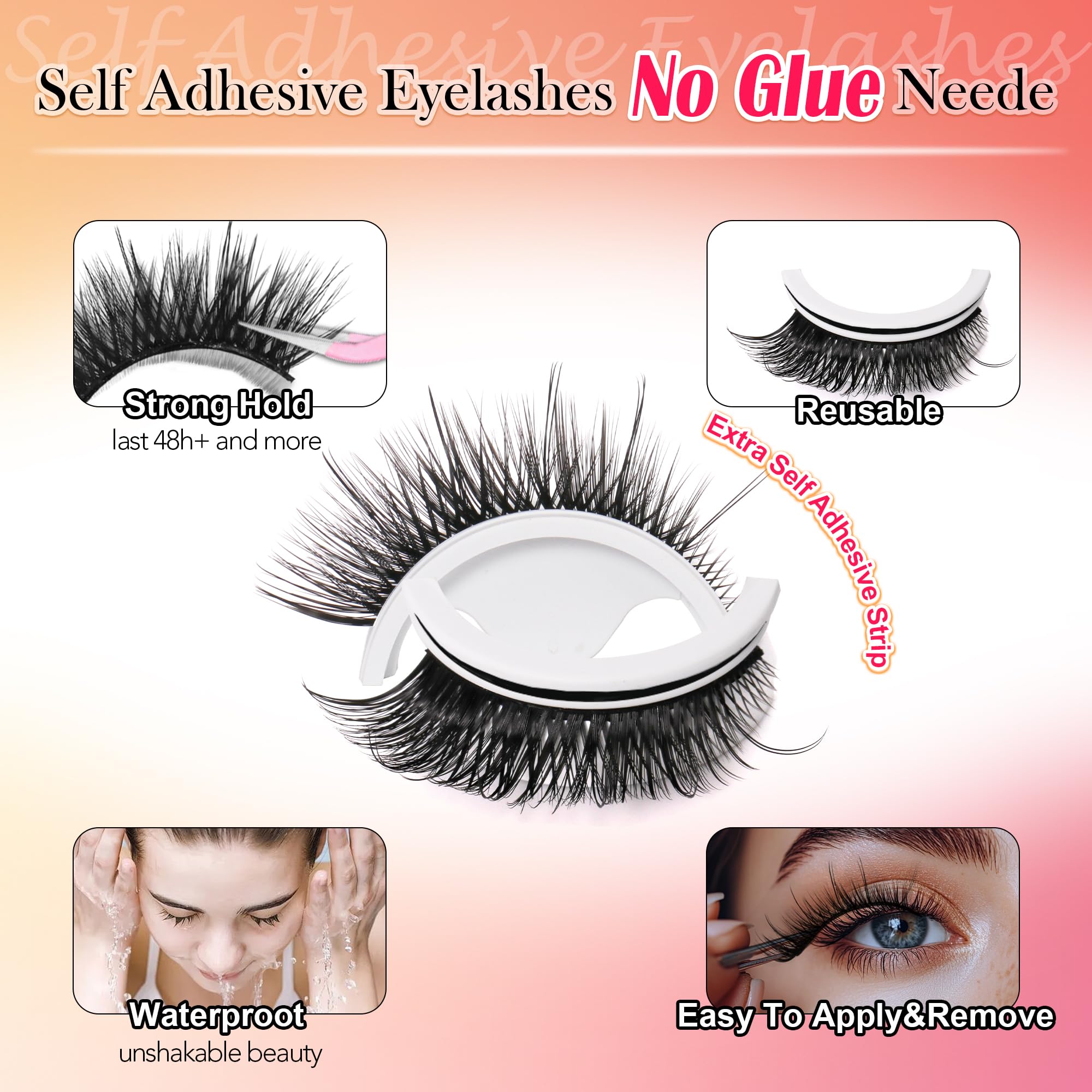 JoMay Self Adhesive Eyelashes No Lash Glue Needed Reusable Up to 5x Natural Strip Lashes 3D Super Fluffy False Eyelashes Easy to Apply & Remove Full Bouncy Volume & Curl 3 Pairs(Butterfly Dance)