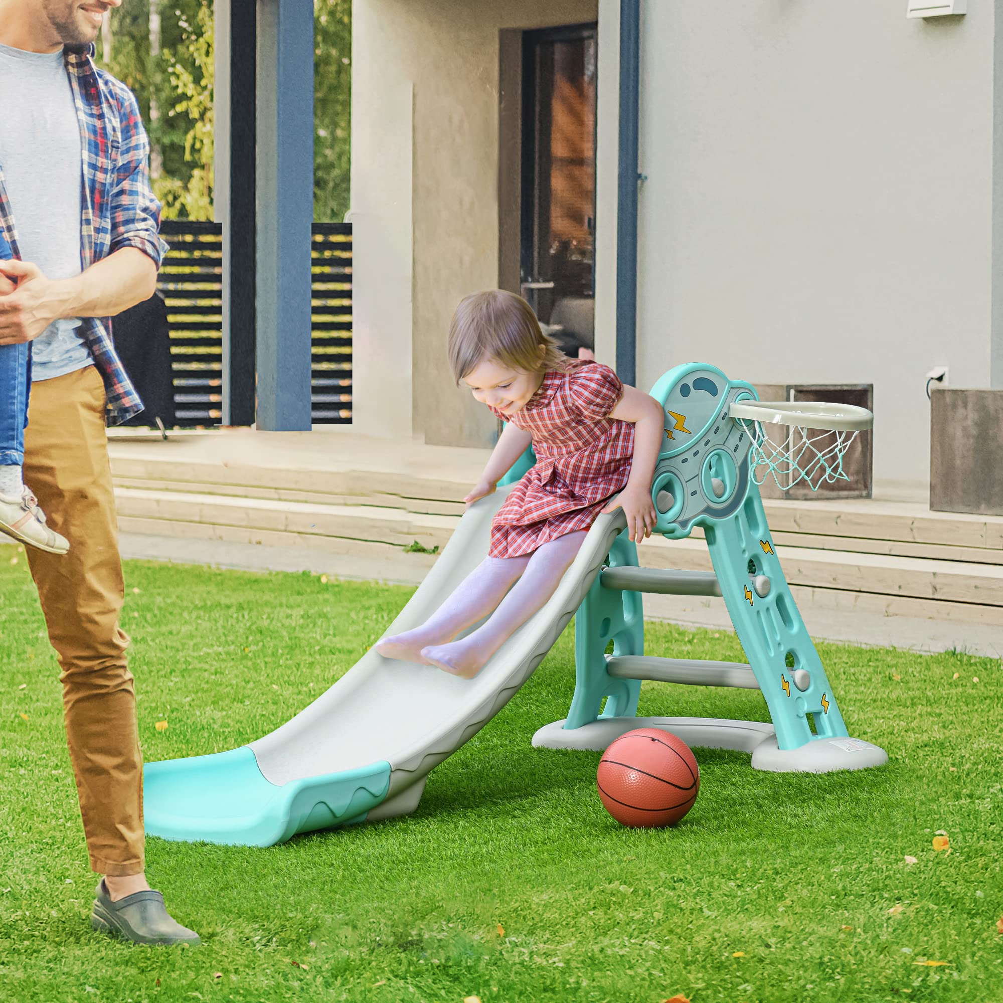 HOMCOM Scivolo per Bambini da 18 Mesi Pieghevole con 3 Scalini e Canestro Basket, Scivolo da Interno ed Esterno, 140x87x75cm, Blu e Grigio