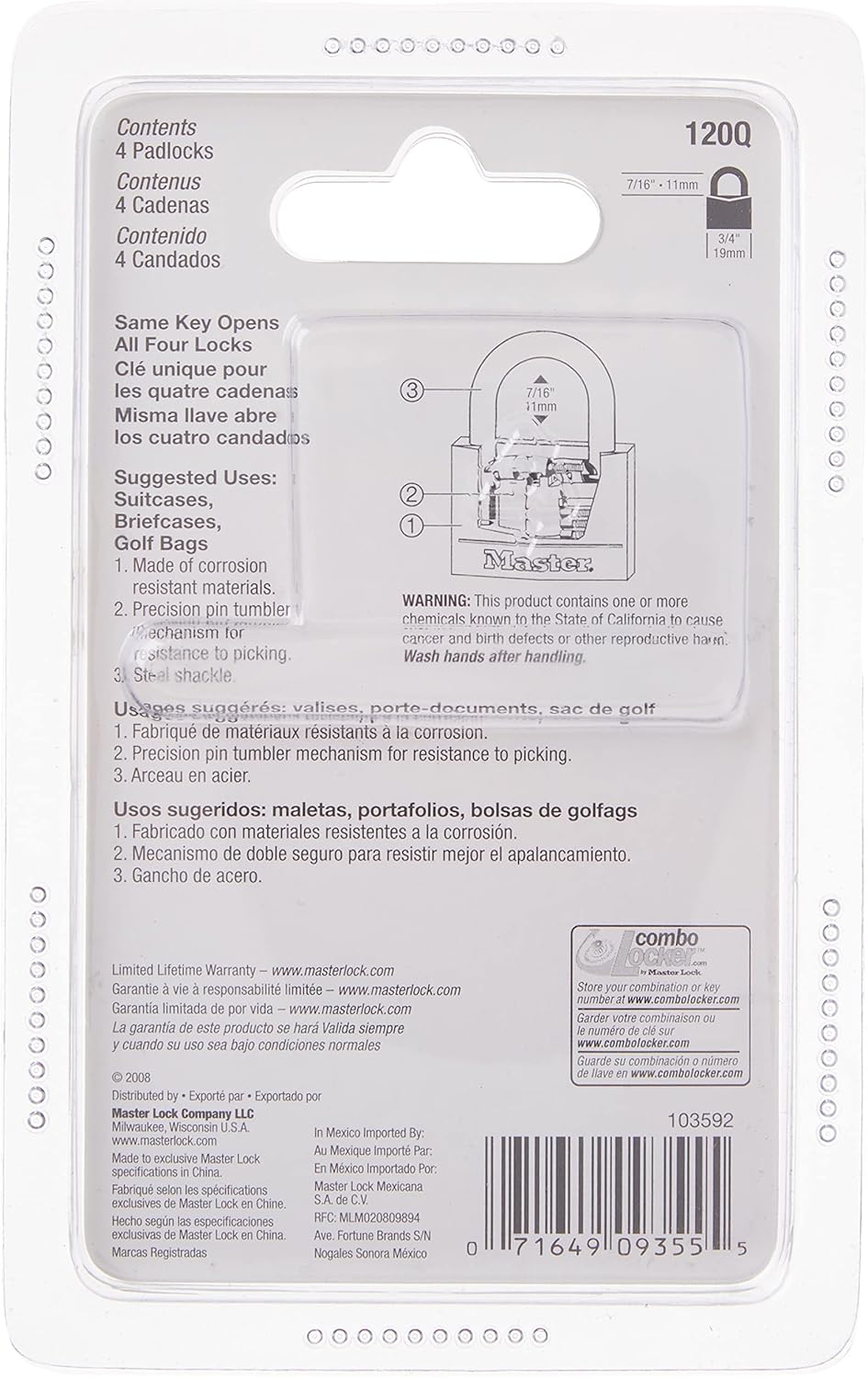 Master Lock Padlock, Solid Brass Lock, 3/4 in. Wide, 120Q (Pack of 4-Keyed Alike) - 