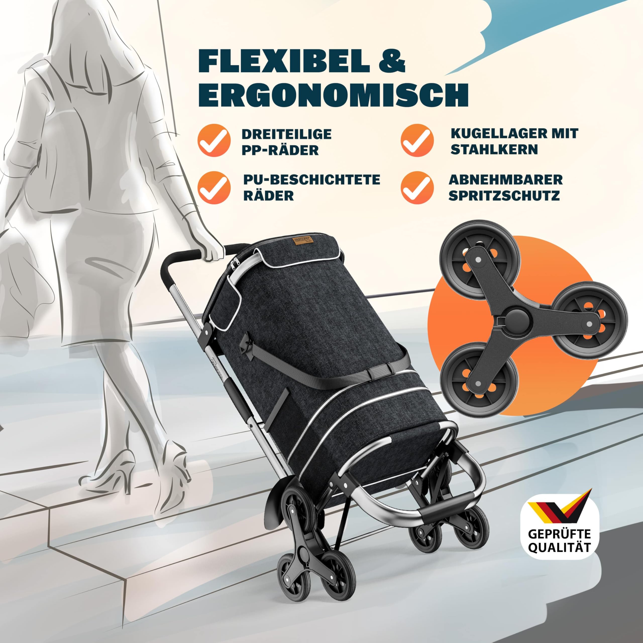MONZANA® 3in1 Einkaufstrolley 56L bis 50 kg klappbar abnehmbare Tasche 6 Rollen Tragegurt Treppensteiger Einkaufswagen Einkaufshilfe Trolley Schwarz Meliert