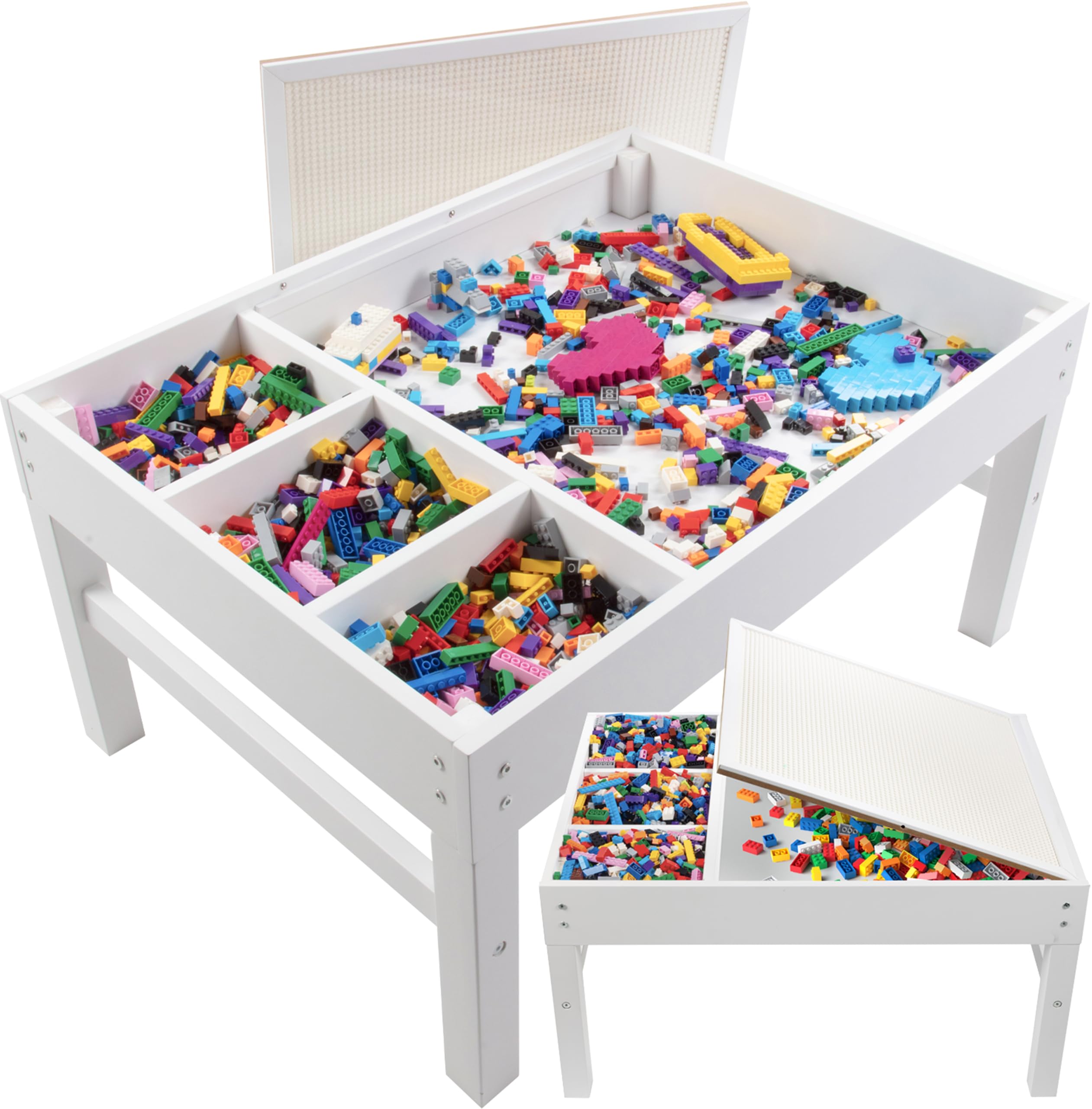Brick Construction Play Table w 4 Storage Compartments & 1000 Rainbow Bricks- Build & Stack Block Pieces on Tabletop Baseplate Grid That is Compatible with Lego - Fun Activity Toy for Kids, 3+ Gift