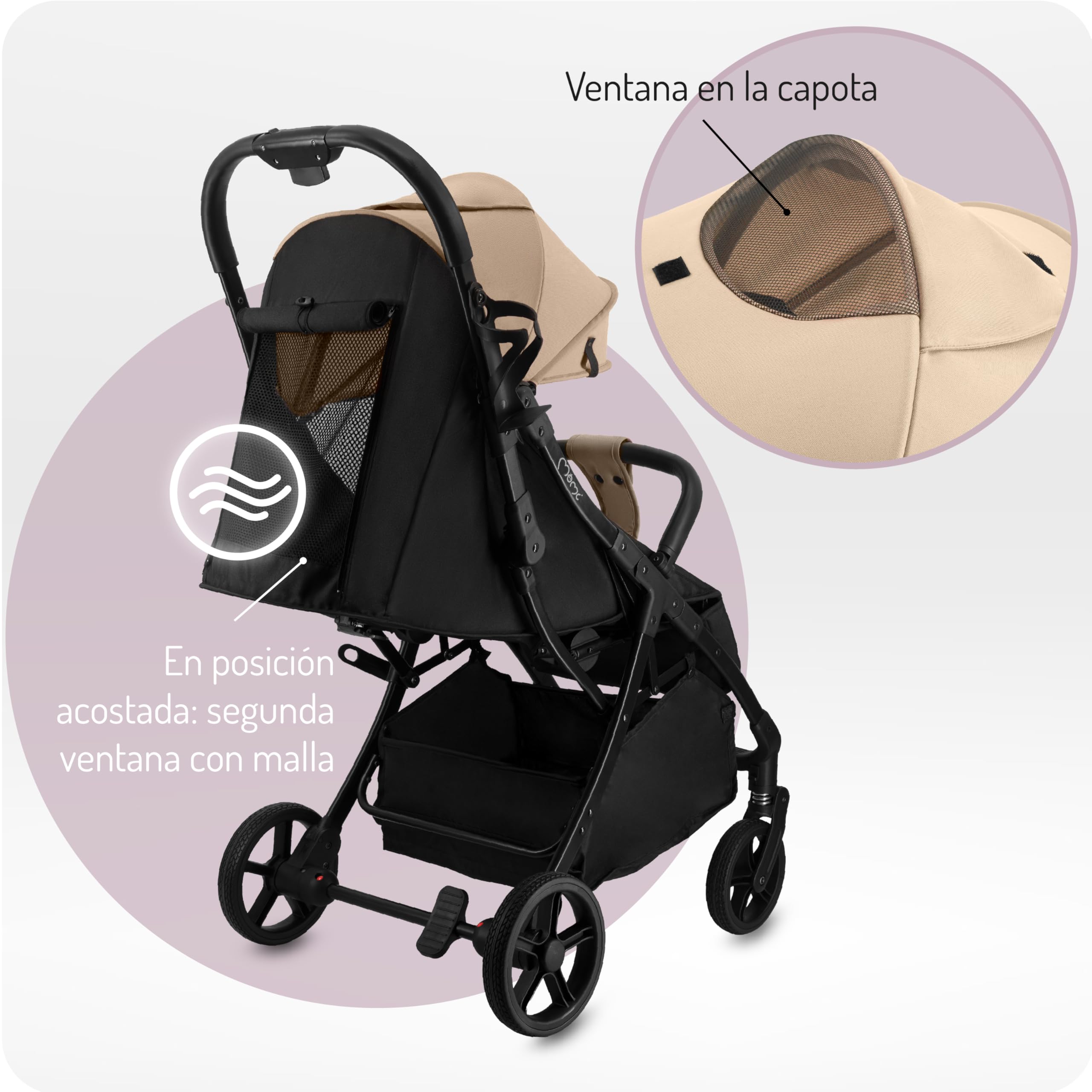 MoMi PAOLA Silla de Paseo Ligera y Compacta hasta 22 kg, Plegado Automático, Arnés de 5 Puntos, Ruedas con Suspensión, Cesta de Almacenamiento, Portavasos