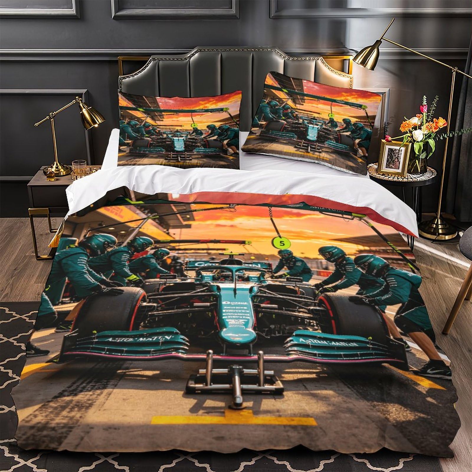 DAFUfbw Washable Formulaa Racing Bedding Set With Hidden Zipper, Super King（260x220cm） Formulaa Racing Duvet Cover with Pillowcases, Soft Microfiber Pit Stop Quilt Cover