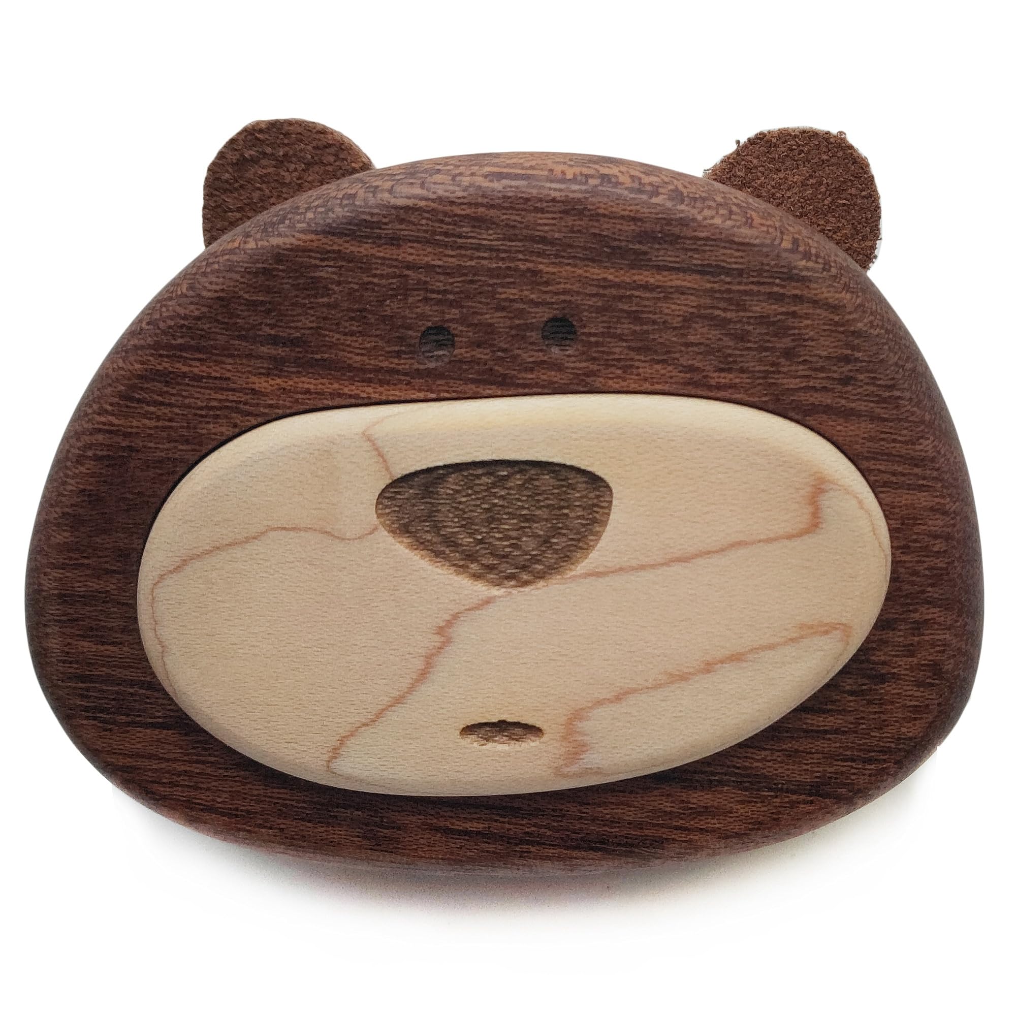 Caja de música de madera de sapele falado con mecanismo artesanal y diseño de oso
