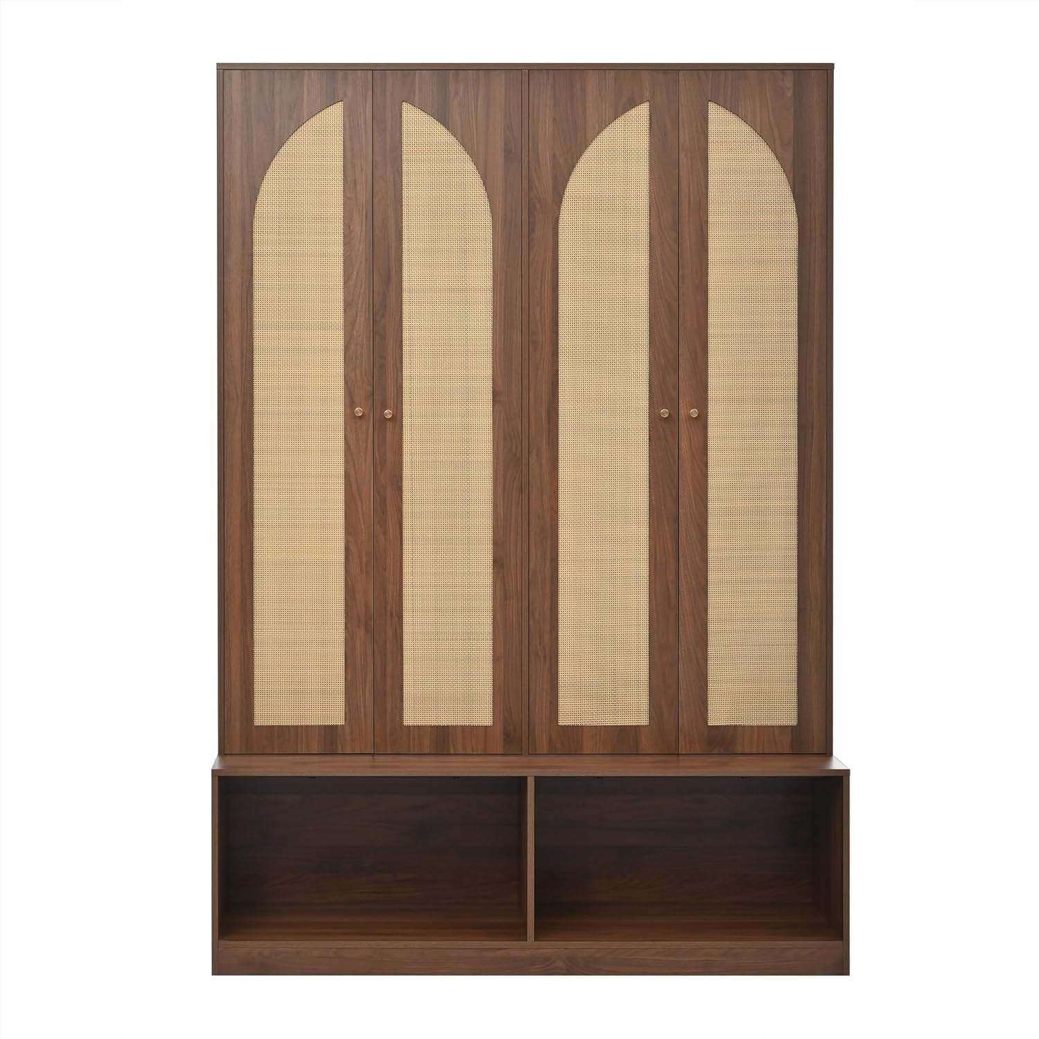 Farmhouse Hall Tree with Rattan Doors for Entryway, Versatile 4-in-1 Shoe Cabinet with Open Bottom Compartments & Adjustable Shelf, Mid-Century Seating Bench with Hooks for Living Room, Walnut