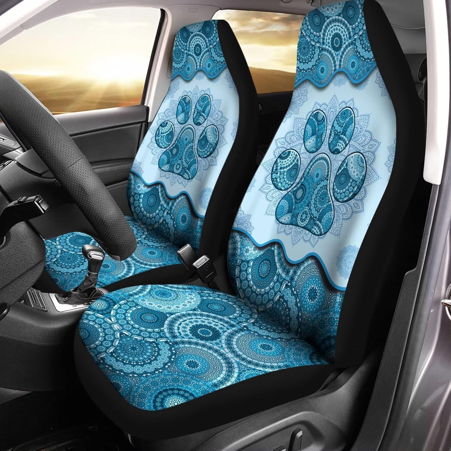 Howilath Universal Car Seat Covers Full Set of 2, Light Blue Boho Mandala Dog Paw Print Auto Front Bucket Seats Protector Car SUV Interior Accessories