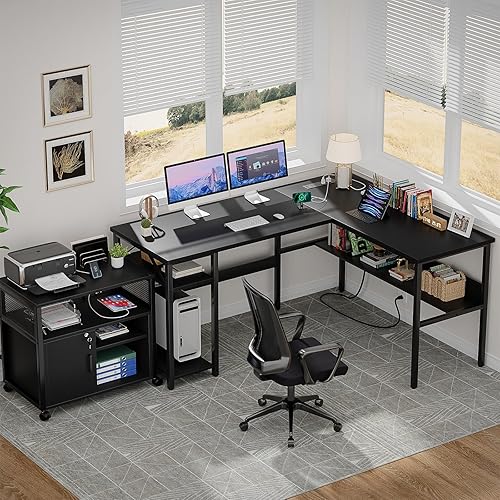 Miniatura 60 de Unikito Escritorio en forma de L con luz LED y toma de corriente, mesa de computadora de esquina reversible con soporte para monitor y estante de