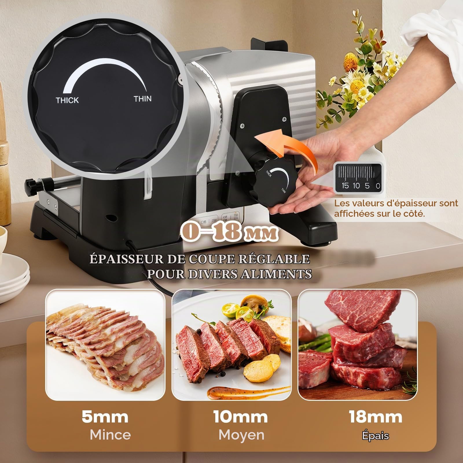 Moongiantgo Trancheuse Électrique, 19cm Lame*2, Epaisseur Réglage de 0-18mm | Amovible Lame en Acier Inox, 200W, Sécurité Enfant, pour Viande, Fromage, Pain, Jambon & Légumes, Domestique Usage