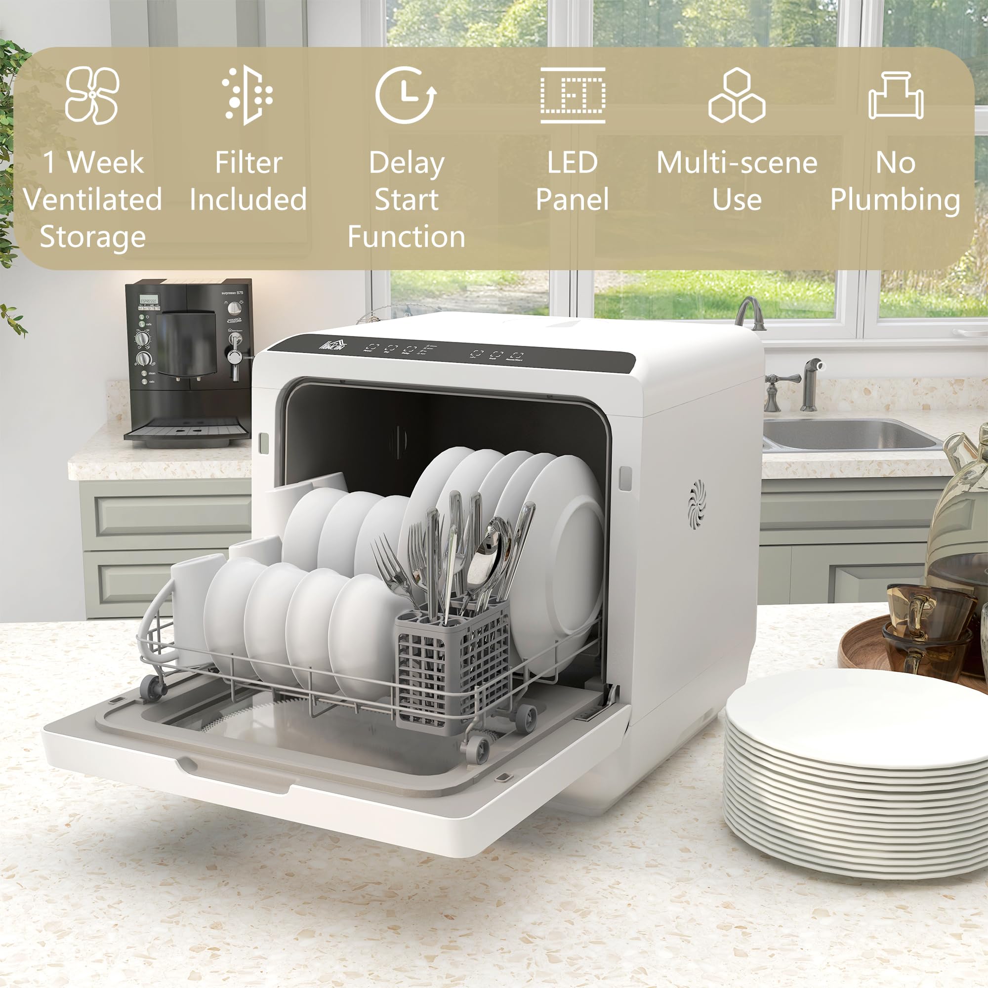 HOMCOM Table Top Dishwasher, Mini Countertop Dishwasher No Plumbing with Built-in 6L Water Tank, 6 Programs, Touch Control, LED Display, 4 Place Settings, Dual Water Supply and Fruit Wash, Black White — view 8