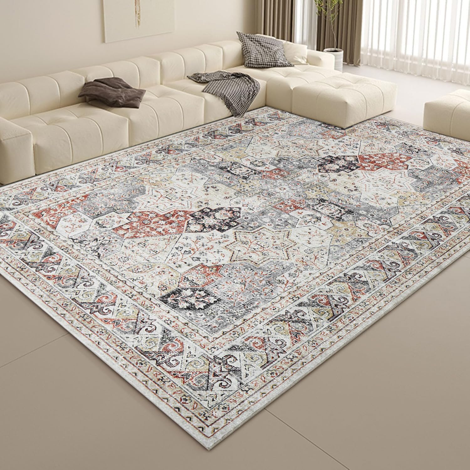 Tapis salle de séjour rouge oriental poil court 160x240 cm moderne