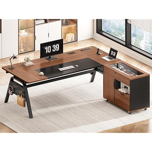 SEDETA L Shaped Computer Desk with Mobile File Cabinet & Power Outlets, Executive Home Office Desk with Storage Drawers, Pegboard, Cable Management, Reversible L Desk for Work & Gaming, Black + Brown