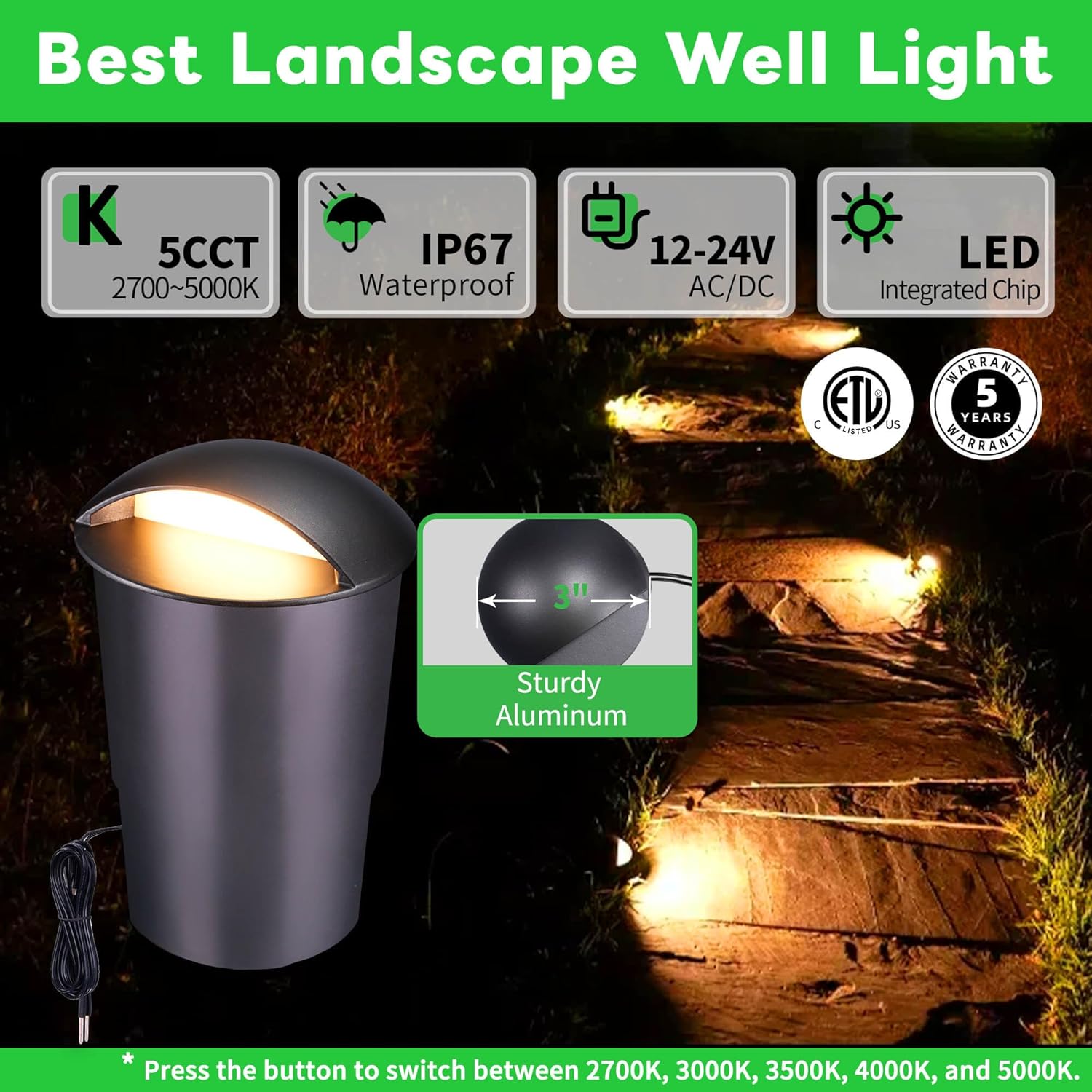 In Ground Well Lights Bundle: 4 Pack 3W 5 CCT (2700K to 5000K) LED Fixtures, 65W Transformer with Photocell and Timer, 65ft 16/2 Cable and 8 Fastlock Connectors, 12V IP67 Aluminum
