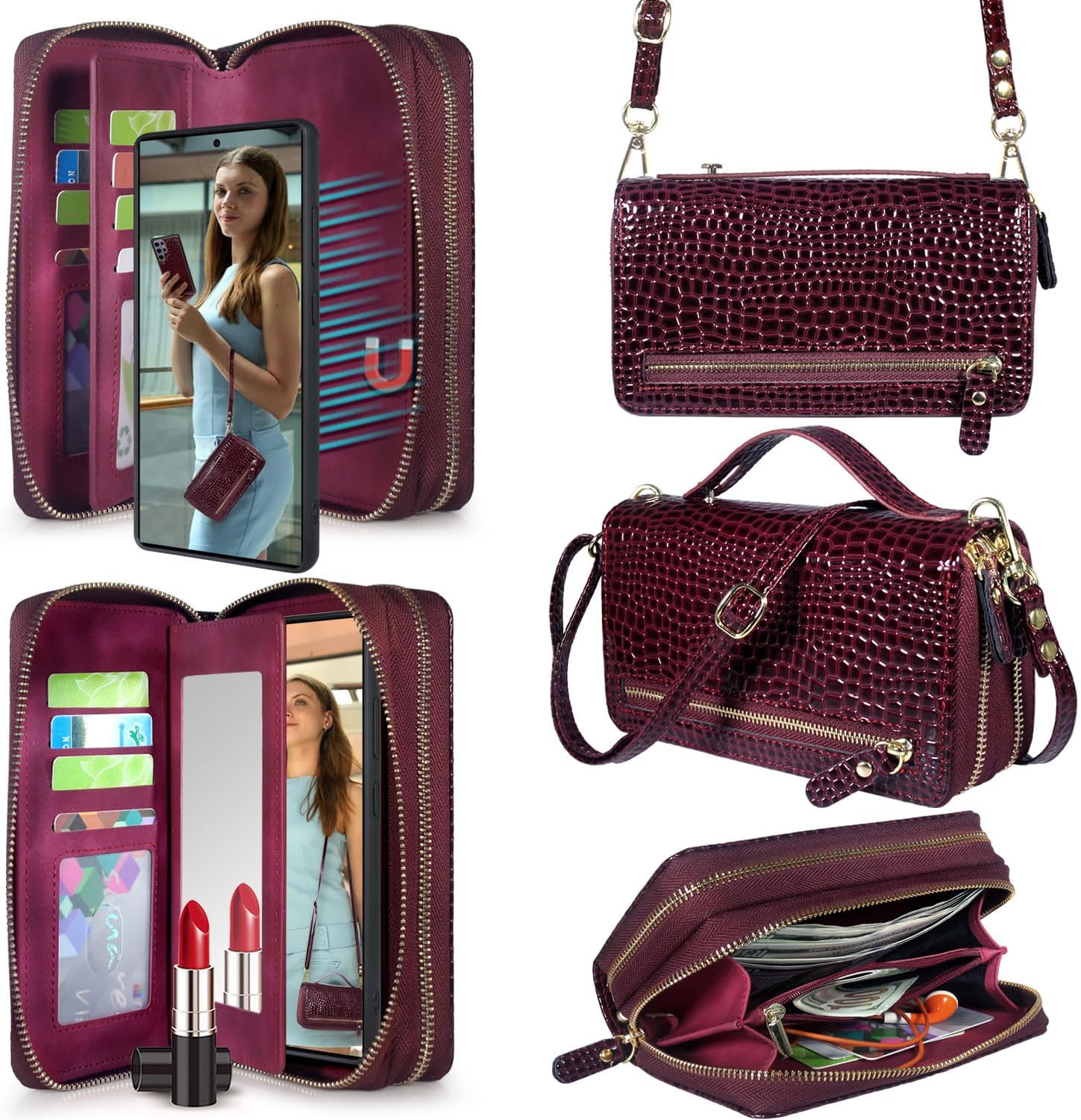 Harryshell Compatible with Samsung Galaxy S25 Ultra Case Wallet Multi Zipper Detachable Removable Cover Purse with Card Slots Holder Mirror Crossbody Wrist Strap for 6.9 inch (Crocodile Wine Red)